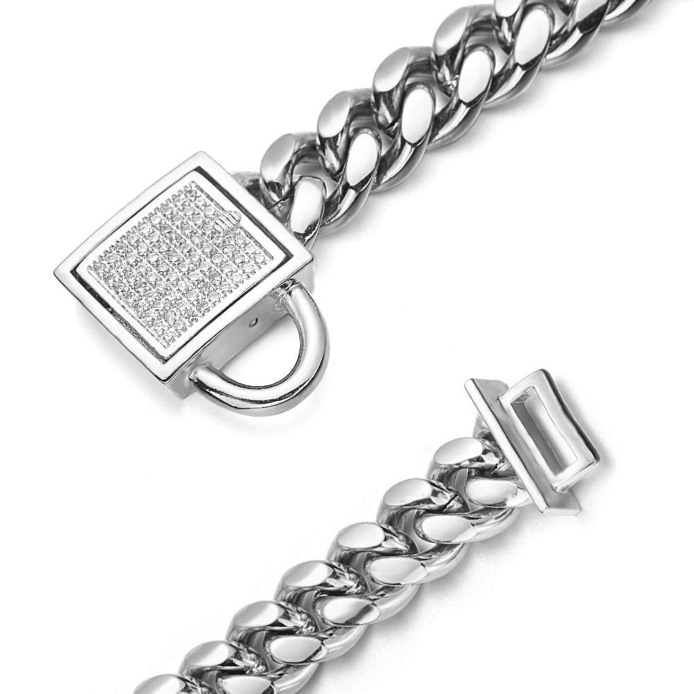 Aiyidi Dog Chain Collar 10Mm Wide Cuban Link Puppy Collar 316L Stainless Steel With Cz Diamond Lock Bling Collar For Small Dogs(