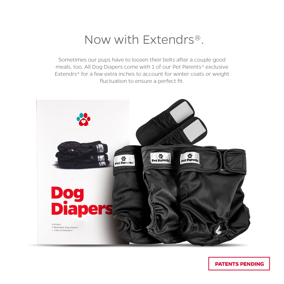 Pet Parents Washable Dog Diapers (3Pack) + Extendrs Of Durable Doggie Diapers, Premium Dog Diapers Female & Male (X-Large, Black