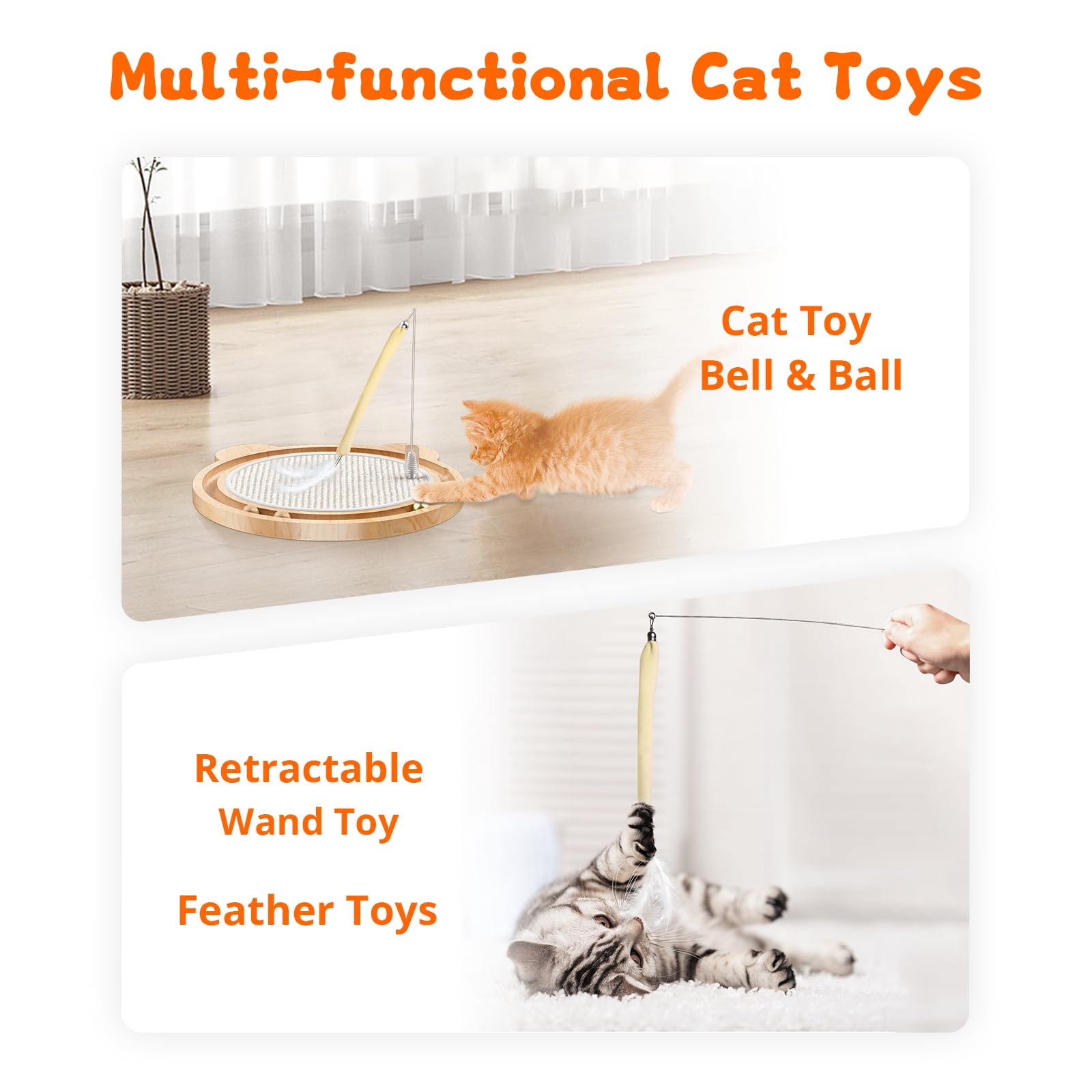 3-In-1 Cat Toys, Scratcher, Toys For Indoor Cats, Natural Sisal Scratching Board, Kitten Interactive With Ball Track & Retractab