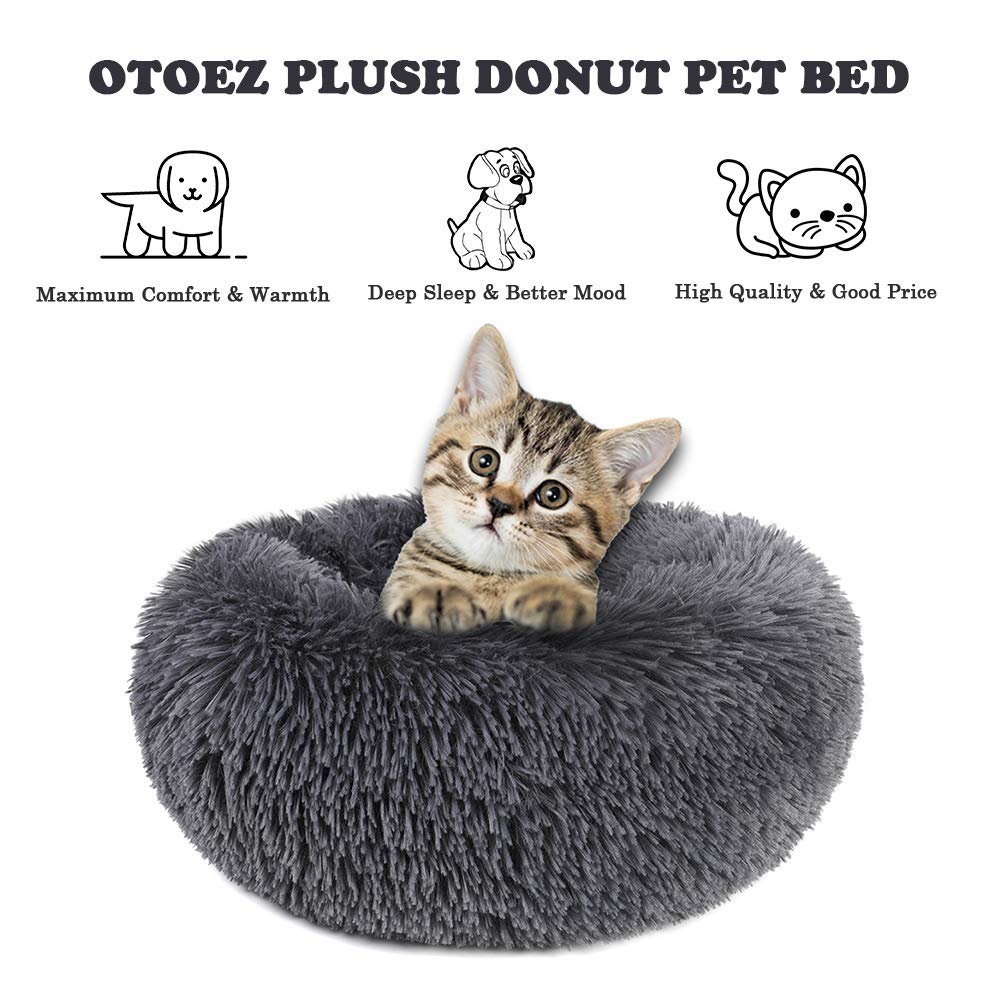 Otoez Round Donut Dog Bed For Small Dogs, Washable Cat Calming Bed Cuddler Anti Anxiety Fluffy Plush Dog Cat Bed With Non-Slip Waterproof Bottom (23.6', Dark Grey)