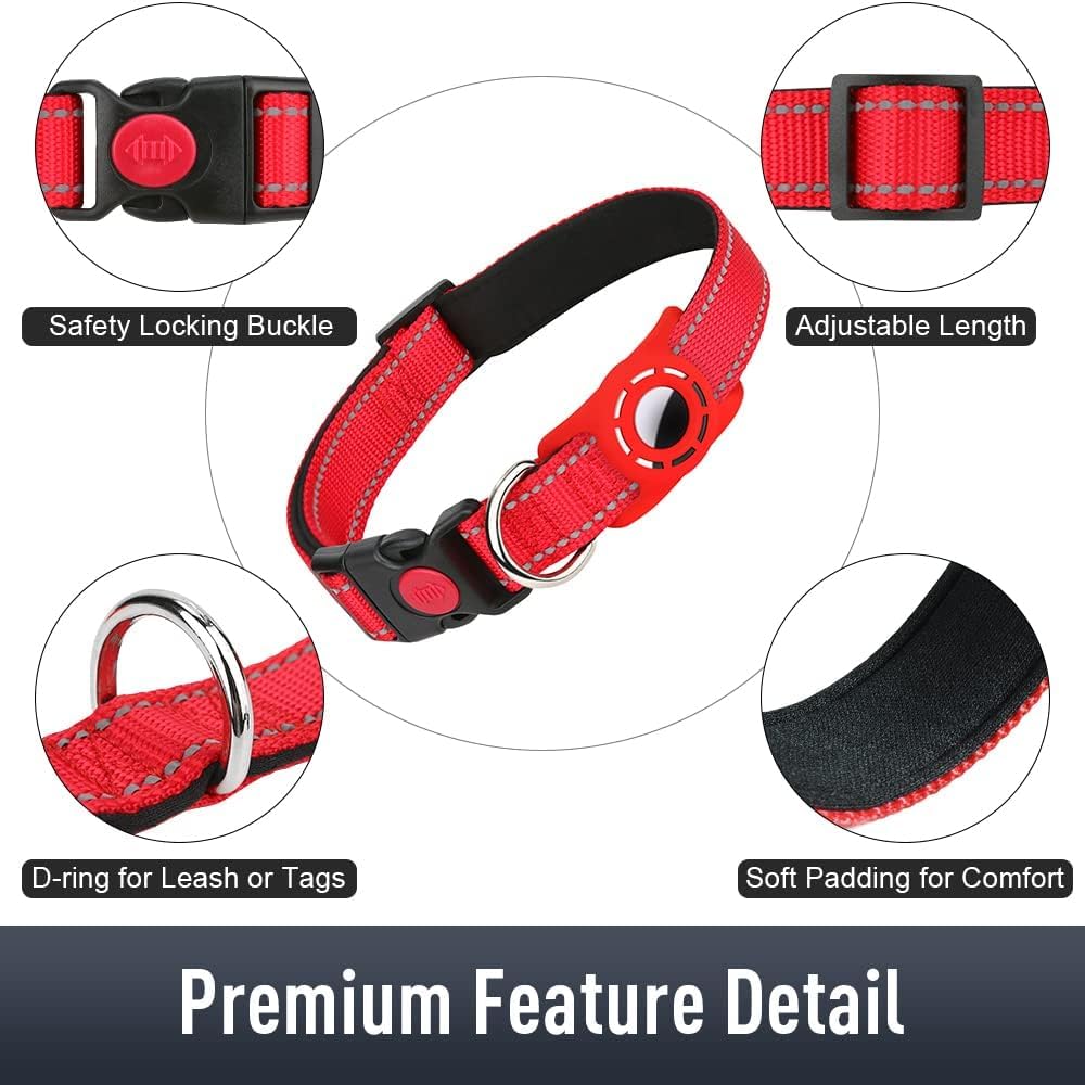 Erbine Airtag Dog Collar With Airtag Holder For Large Dogs, Reflective, Soft Padded & Safety Locking Buckle, Nylon Pet Collars Adjustable For All Breeds, Red,Xl