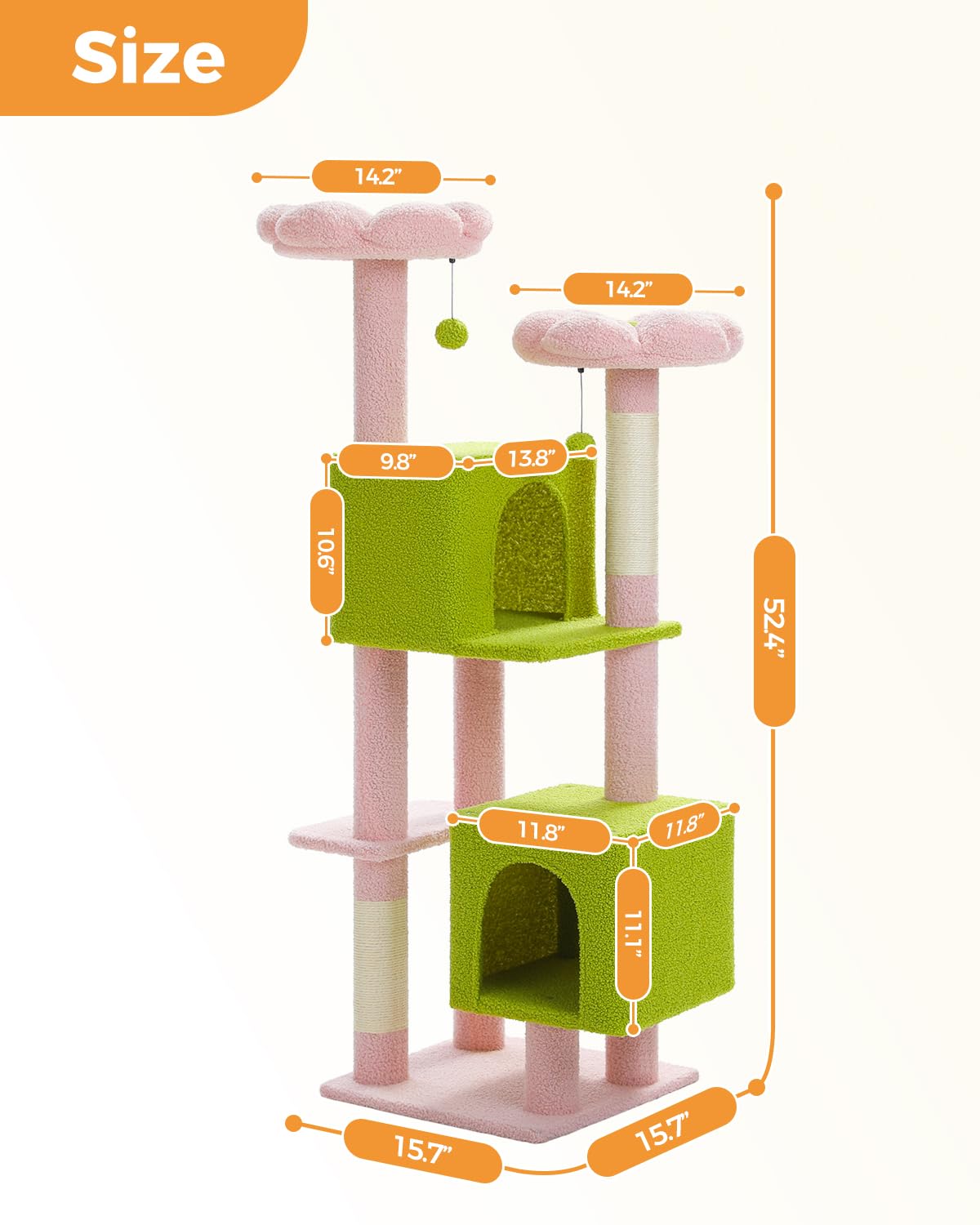 Muttros Flower Cat Tree, 52.4'' Cute Cat Tower For Indoor Cats With 2 Flower Padded Perches, 2 Condos & 2 Scratching Posts, Pink