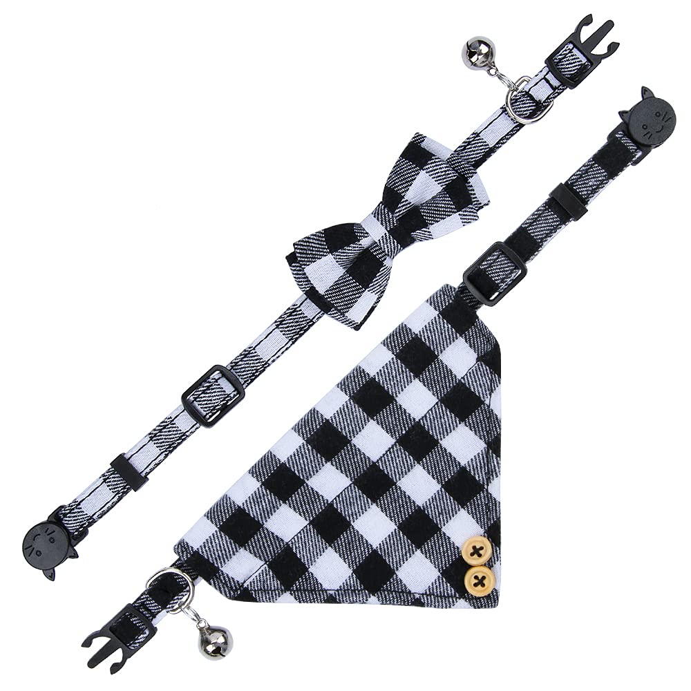 Faleela Cat Collar Bandana Bells Set - 2 Pack Set Cat Collar Breakaway With Cute Bow Tie And Bell, Adjustable From 7.8-10.5 Inch, Soft And Comfortable For Kitty And Some Puppies