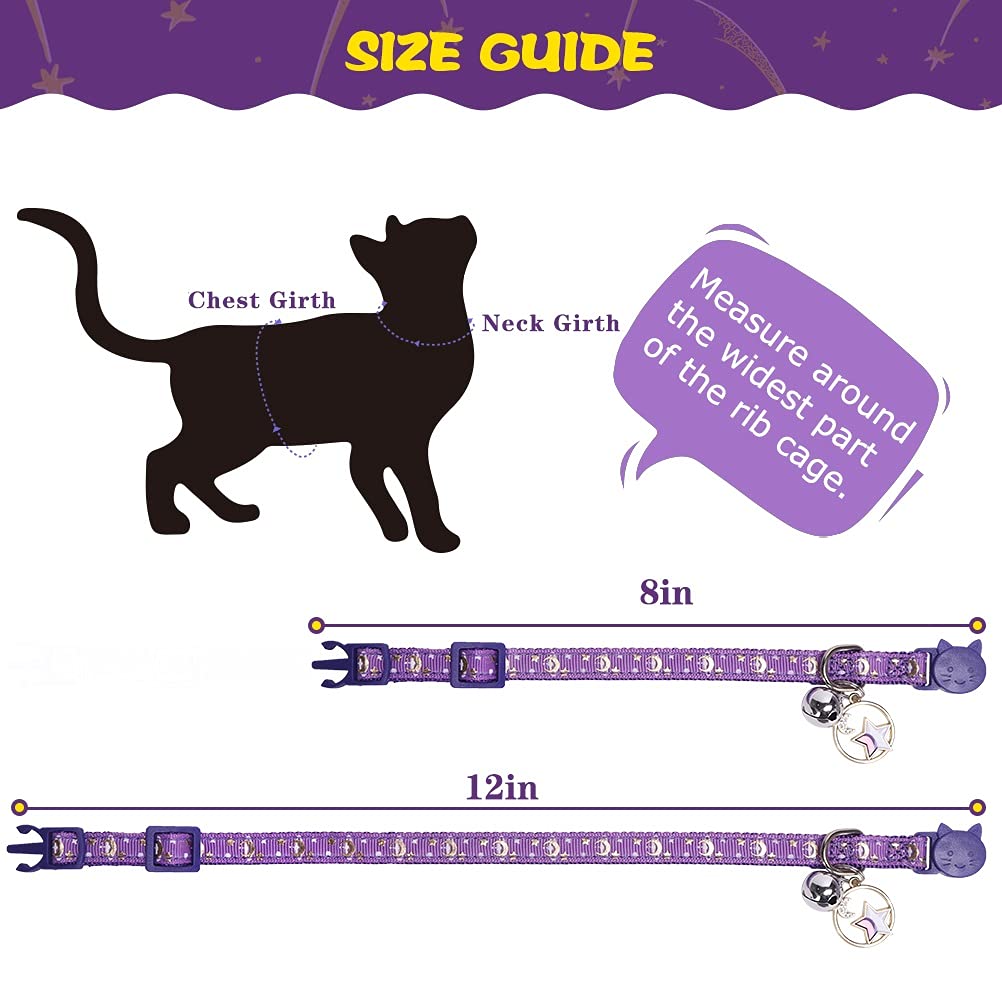 Pupteck 3 Pack Cat Collar With Bells Breakaway - Luminous Safety Small Kitten Collar Adjustable Moon Star Pink Black Purple, 8-1