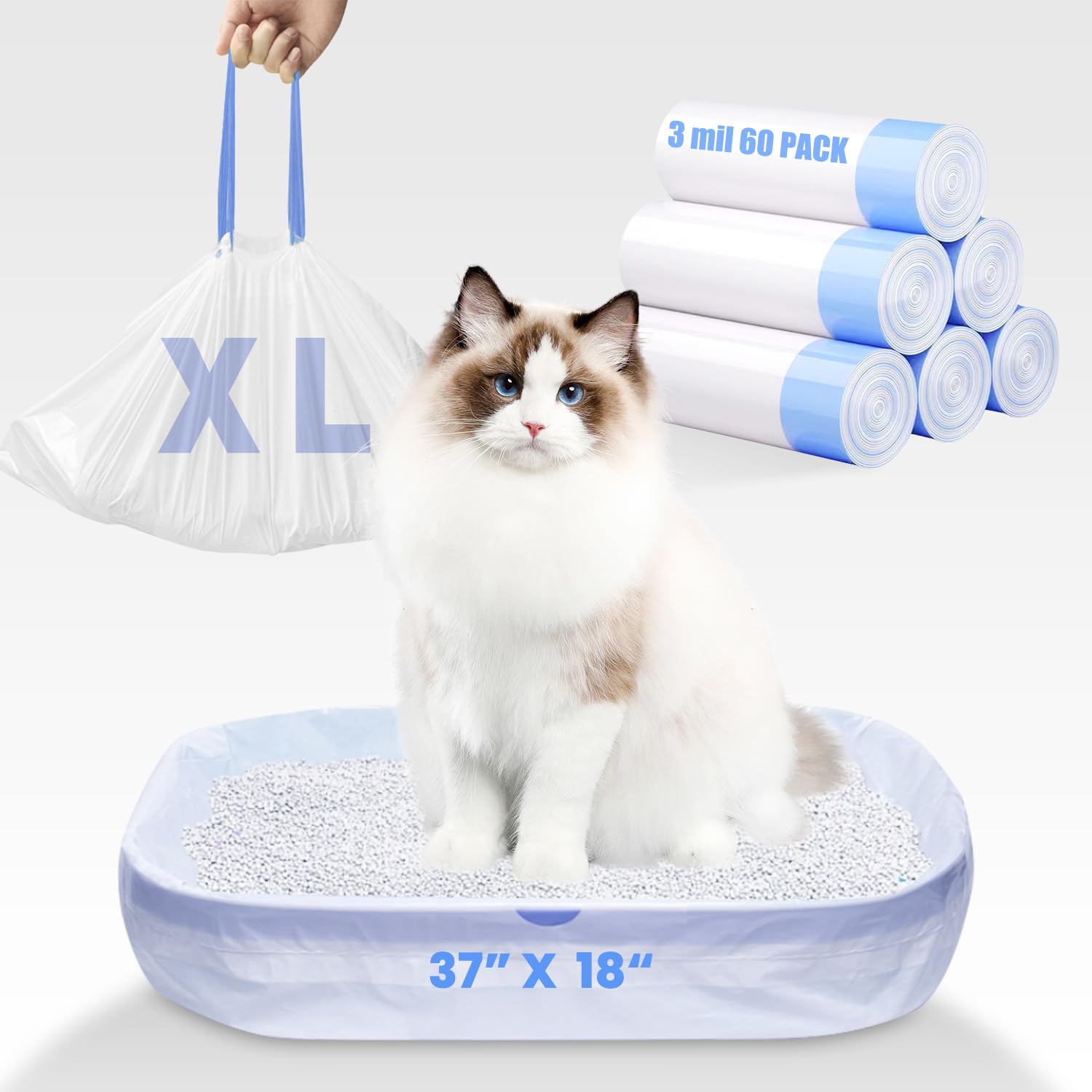 60 Pack Jumbo Cat Litter Bags - 3Mil Extra Thick Leakproof Litter Box Liners, 37''X18'' Heavy Duty Drawstring Cat Litter Liners 