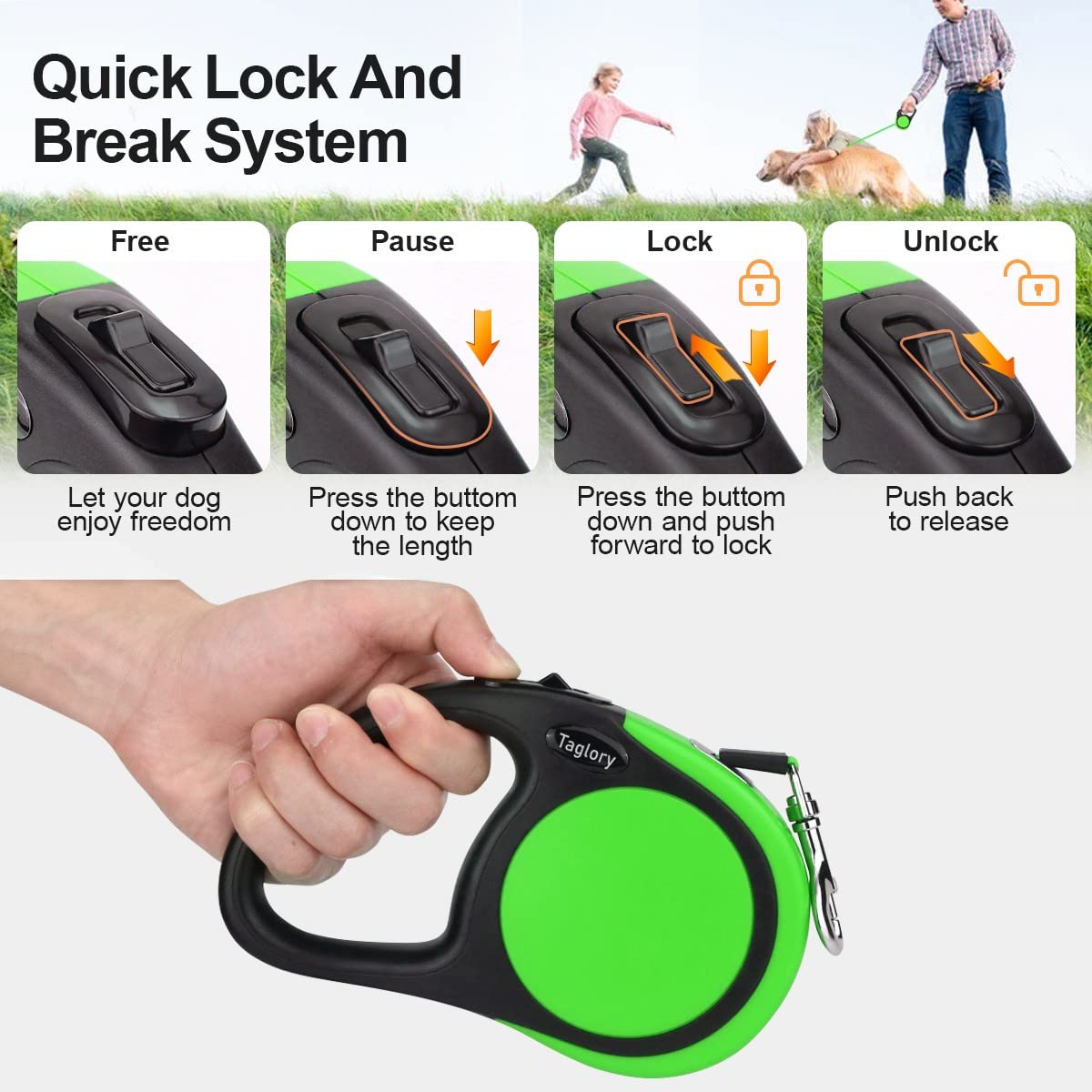 Taglory Retractable Dog Leash, 16Ft No Tangle Leash Retractable For Small Medium Dogs Up To 44 Lbs, One-Handed Brake, Pause, Loc