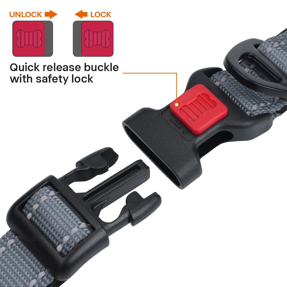 Taglory Reflective Dog Collar With Safety Locking Buckle, Adjustable Nylon Pet Collars For Large Dogs Female Male, Grey, L