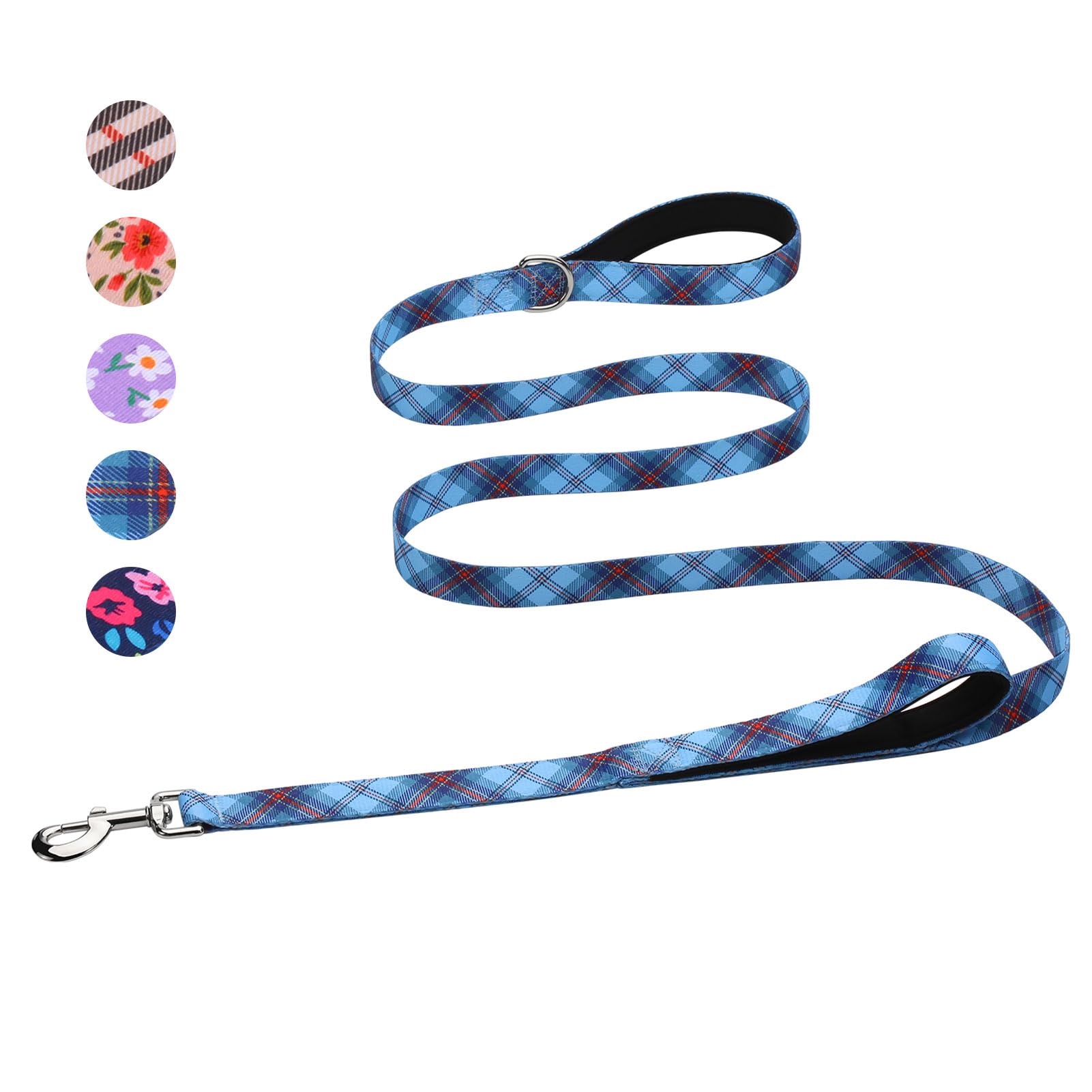 Hikiko 6 Ft Dog Leash, Padded Double Handle Leashes For Medium Large Dogs, Soft Traffic Handles Lead For Walking (Blue Plaid)