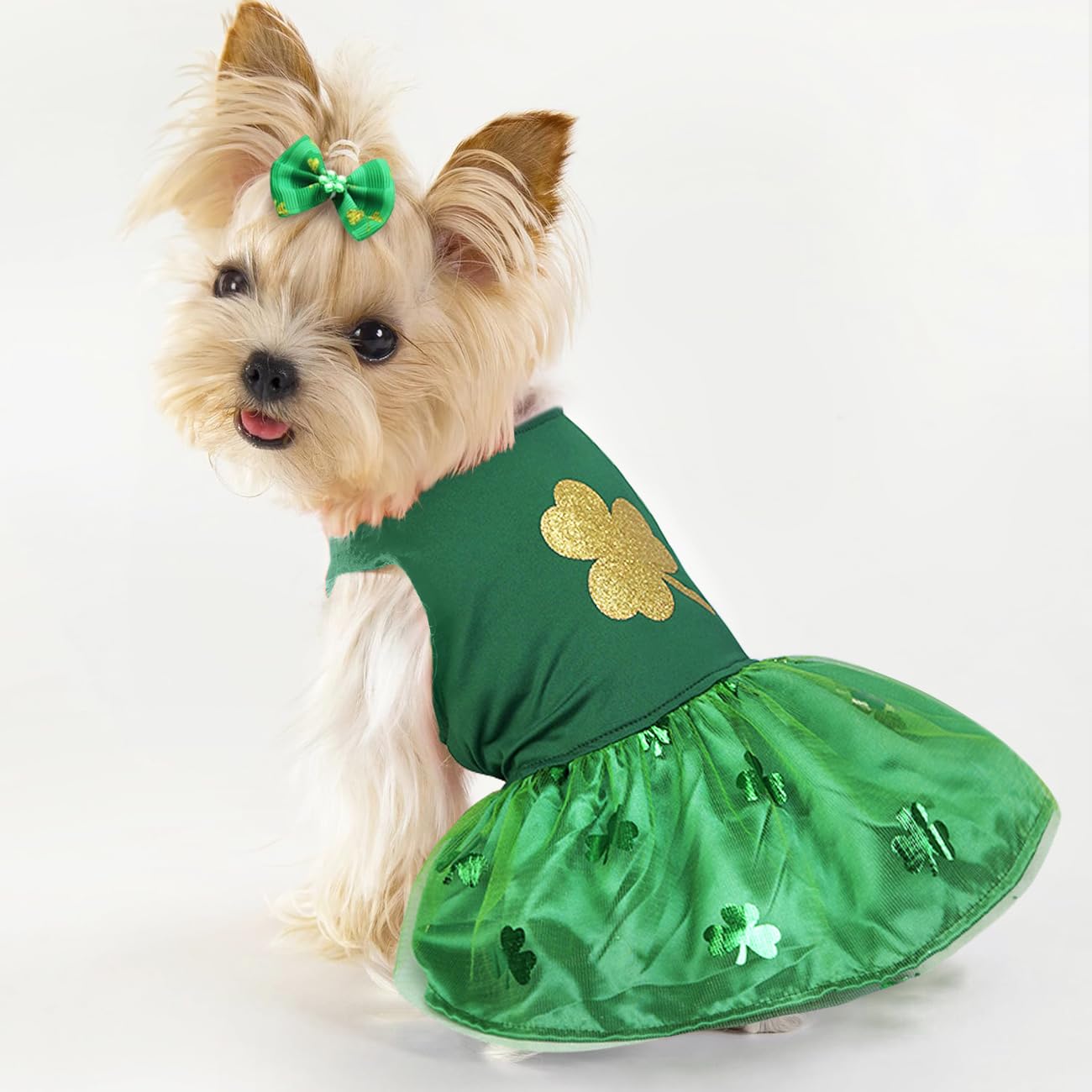 Idepet St. Patrick'S Day Dog Dress With Bow Dog Tulle Skirt For Small Dog Girls Green Puppy Dress Cat Apparel Pet Holiday Outfit