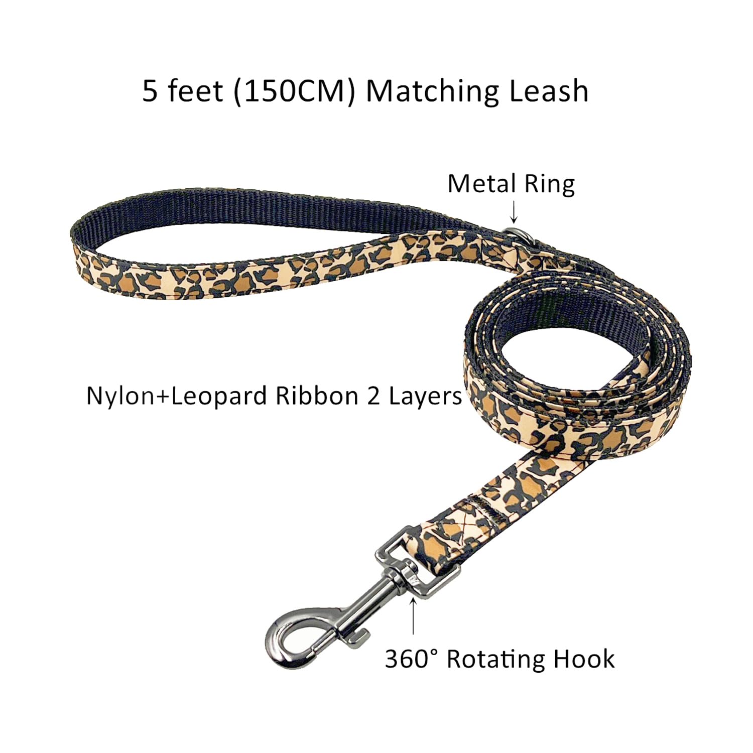Olahibi Dog Collar Leash Set, Leopard Pattern, Nylon Webbing Plus Cotton Ribbon, 5Ft Matching Leash, For Small Dogs.(S, Brown Le