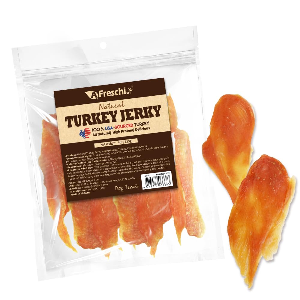 Afreschi Turkey Jerky Dog Treats - 4 oz, USA-Sourced Trukey, All-Natural, Hypoallergenic, High-Protein, Low-Fat, Healthy & Easil