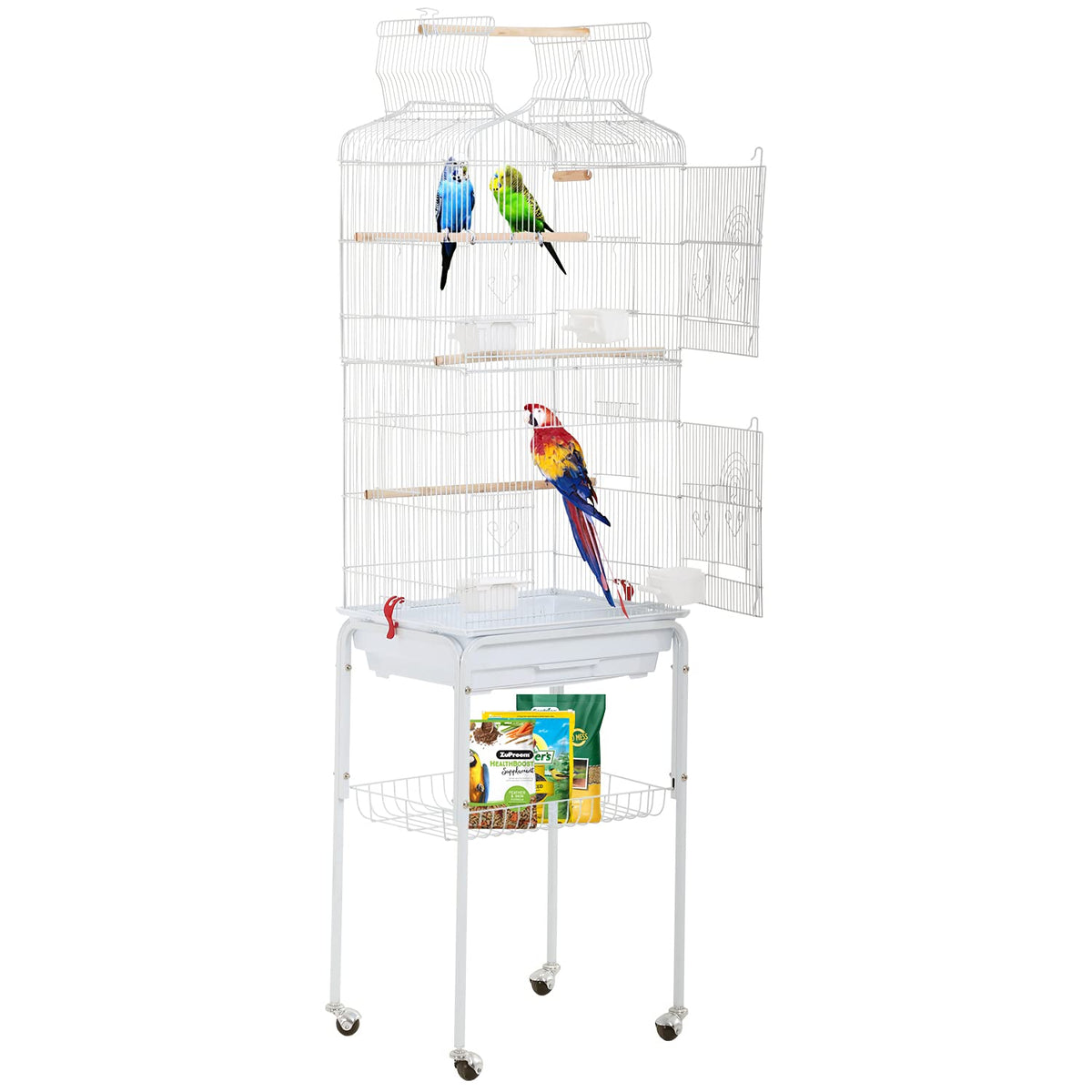 Hcy Open Top Standing Bird Cage 64 Inch With Rolling Stand For Parakeets Cockatiel Parrots Lovebirds Medium Small Bird Cage-White L17 * W13 * H64 Inches