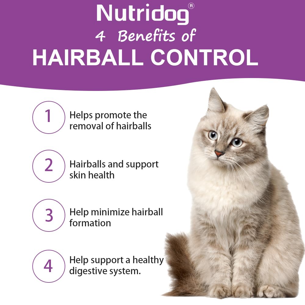 Nutridog Hairball Treats for Cats - Hairball Remedy Chews with Omega 3&6, Psyllium Husk, Zinc & Biotin - Salmon Flavor for Hairb