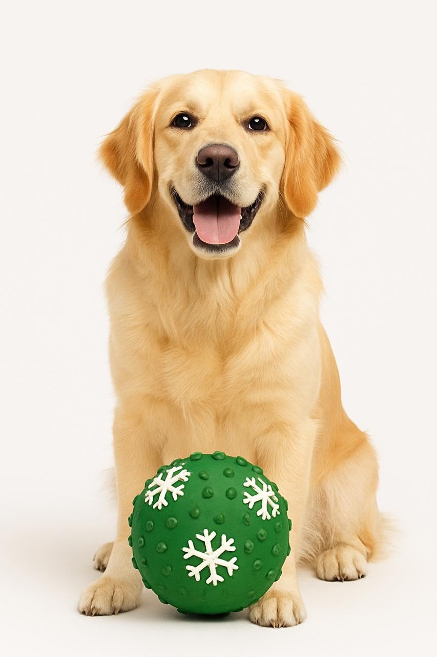WAGGYTAILS Premium Christmas Squeaky Ball for Dogs (Made in U.S.A) 10 cm Durable Rubber Toy with Snowflake Design | Bouncy and F