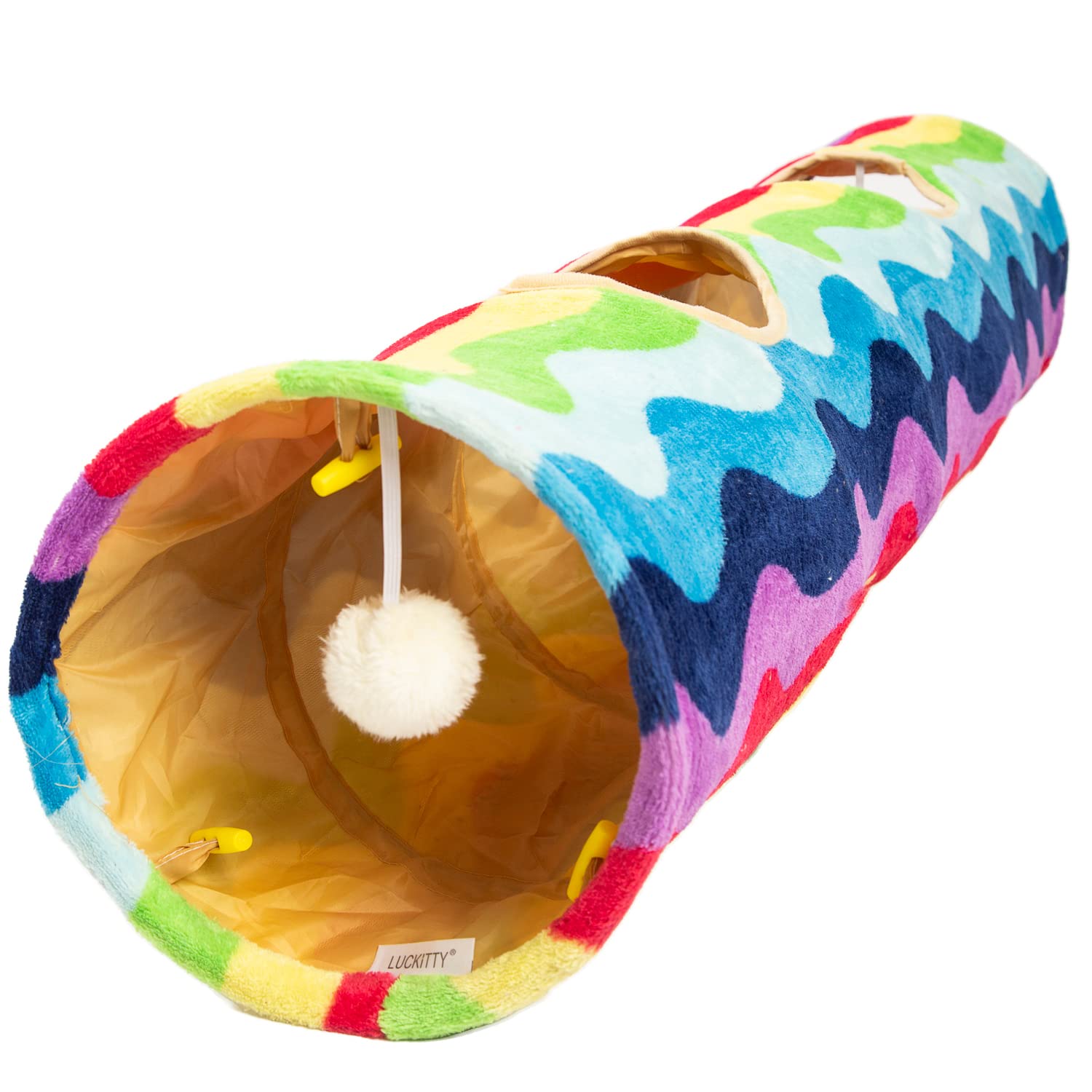 Luckitty Cat Tunnel -Straight-Shaped, Rainbow Wave Color, Soft Velvet Exterior, Oxford Fabric Fog-Proof Interior, Plush Toy Ball, Easily Washable, Conveniently Foldable, 47.2In/120Cm