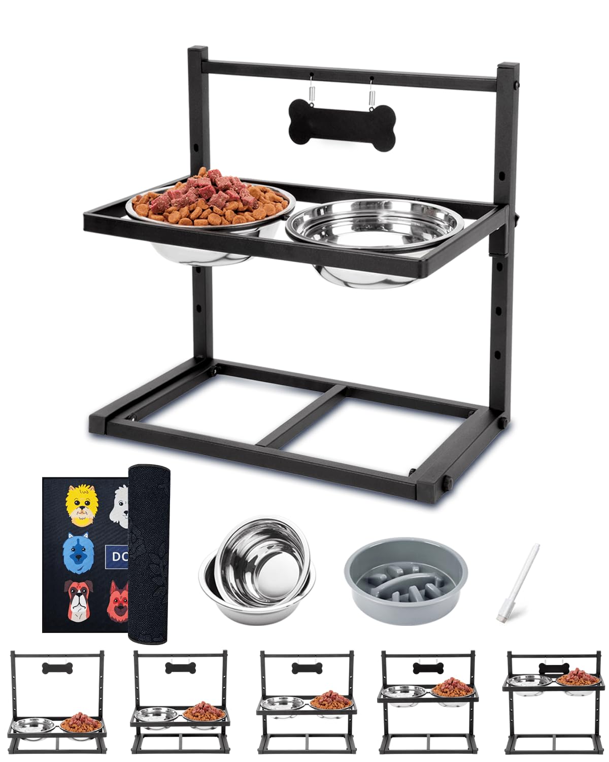 TIDANT Elevated Dog Bowls with Slow Feeder,Adjusable Height Raised Dog Bowl Stand with 2 Stainless Steel 1200ML Dog Food Bowls, 