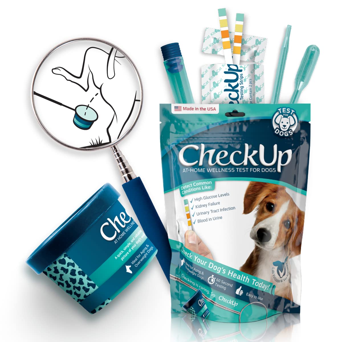 Checkup Kit At Home Wellness Test For Dogs | Telescopic Pole, Detachable Cup & 2 Test Strips | Detects 4 Most Common Pet Health Indicators - Glucose, Protein, Ph And Blood In Urine | 2 Strips