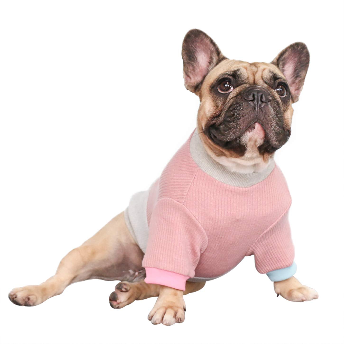 Ichoue Pet Dog Crewneck Sweater Color Block Pullover Winter Warm Clothes For English Bulldog Bully Pitbull - Pink And Grey/Xlarg
