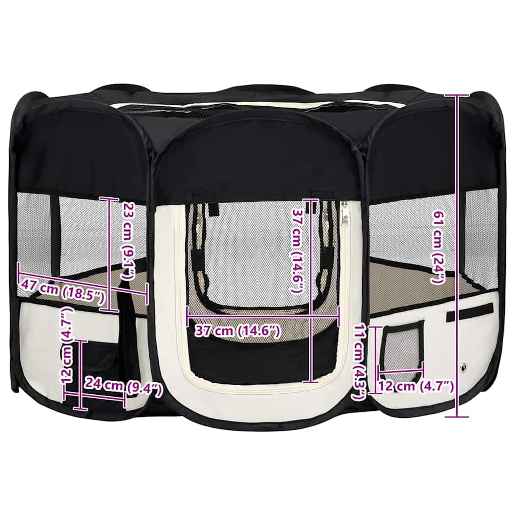 vidaXL Foldable Dog Playpen - Portable, Mesh Netting for Ventilation, Zipper Doors, Side Pockets, Durable Steel Frame, Black and