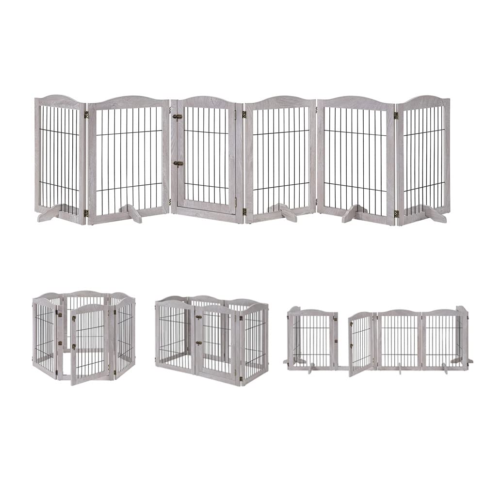 Unipaws 132” Extra Wide Dog Gate And Pet Playpen, Free Standing Tall Dog Fence With Walk Through Door, Dog Barriers For Home, Use As Indoor Dogs Cats Pen, Rabbit Pen, Baby Gate, Weathered Grey