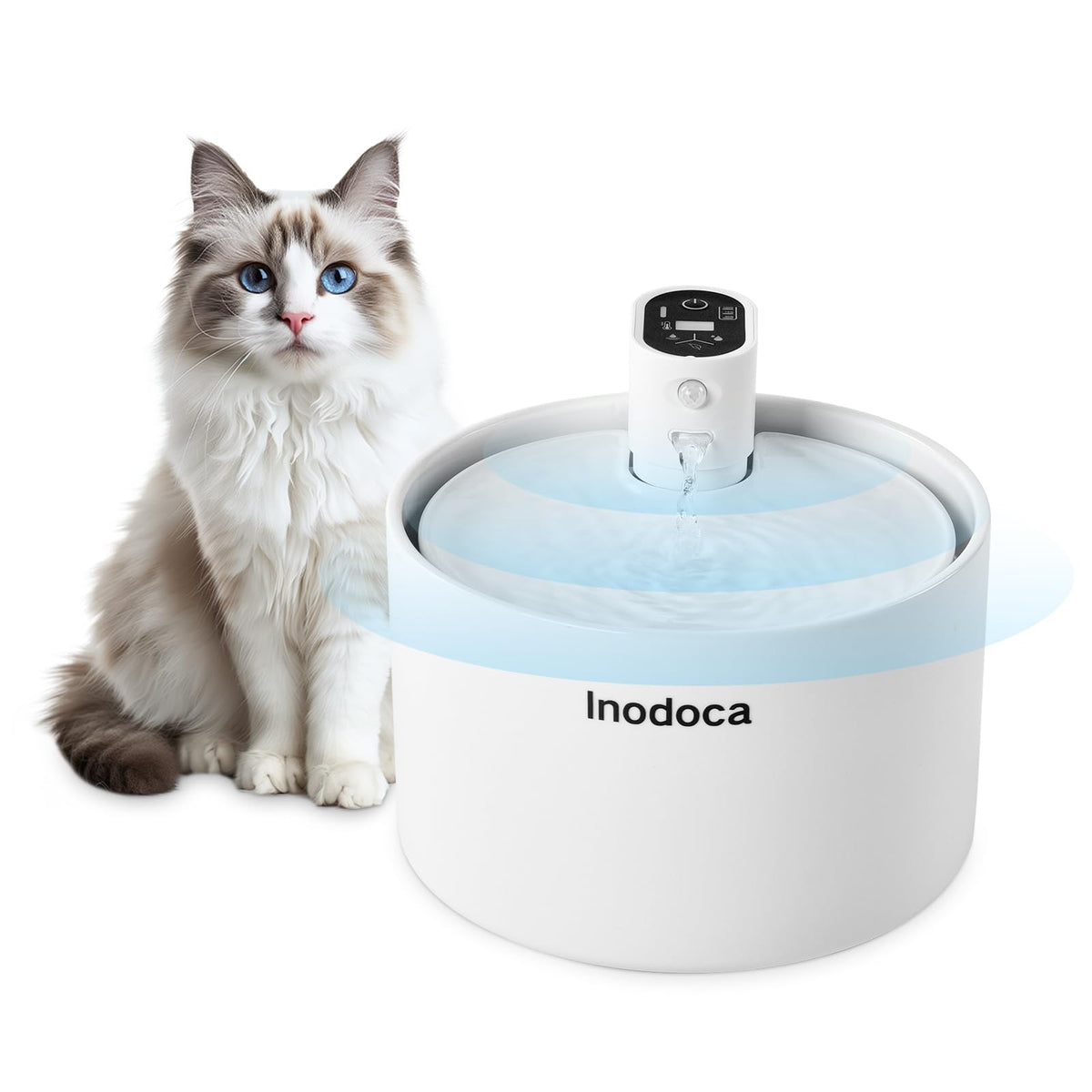 Smart Ceramic Cat Water Fountain, 2.3L/78Oz, Wireless Rechargeable, Eco-Friendly Automatic Pet Water Dispenser, Quiet Pump, Inte
