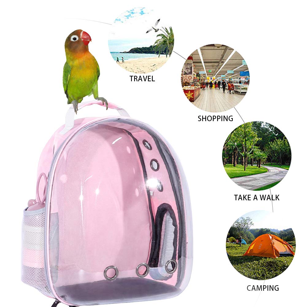JUNIQUTE Pink Bird Backpack Carrier with Portable Feeder Cups, Airline-Approved, Ventilated Space Capsule for Travel & Hiking