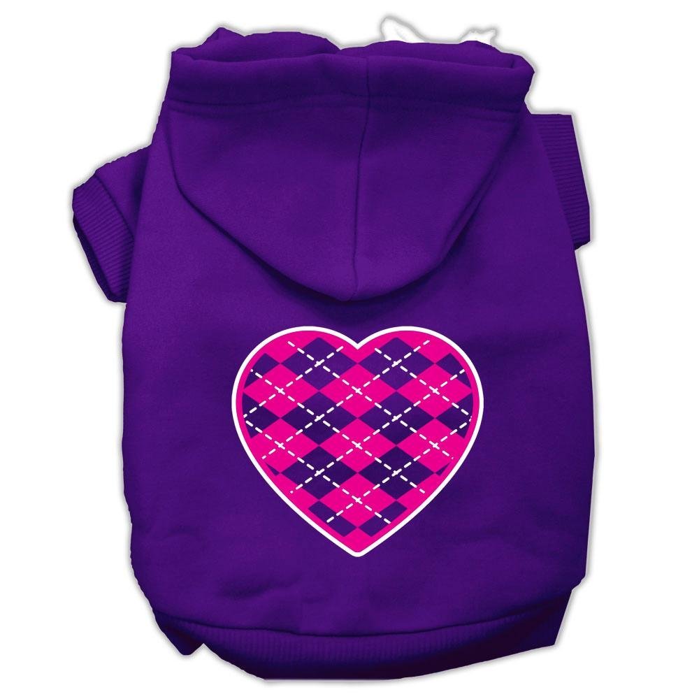 Pet Dog & Cat Hoodie Screen Printed, 'Pink Argyle Heart' Purple Xs (0-3 Lbs.)