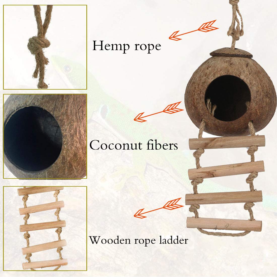 Hamiledyi Lizard Coco Den Reptile Hideouts Gecko Coconut Shell Hut Coconut hut for Geckos Bearded Dragon Tank Accessories Coconu