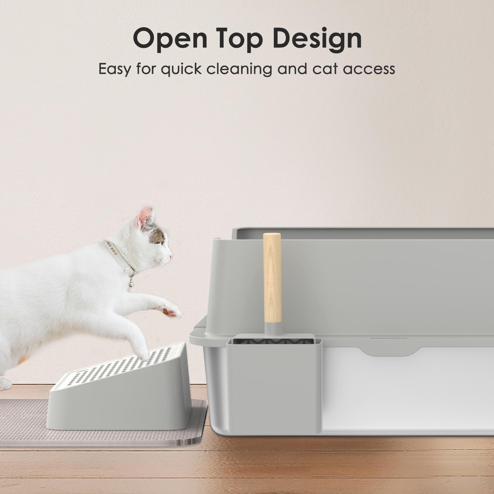 Suitchi Stainless Steel Cat Litter Box,Xl High Sided Cat Litter Box With Poop Scooper/Footboard/Mat (Light Gray)