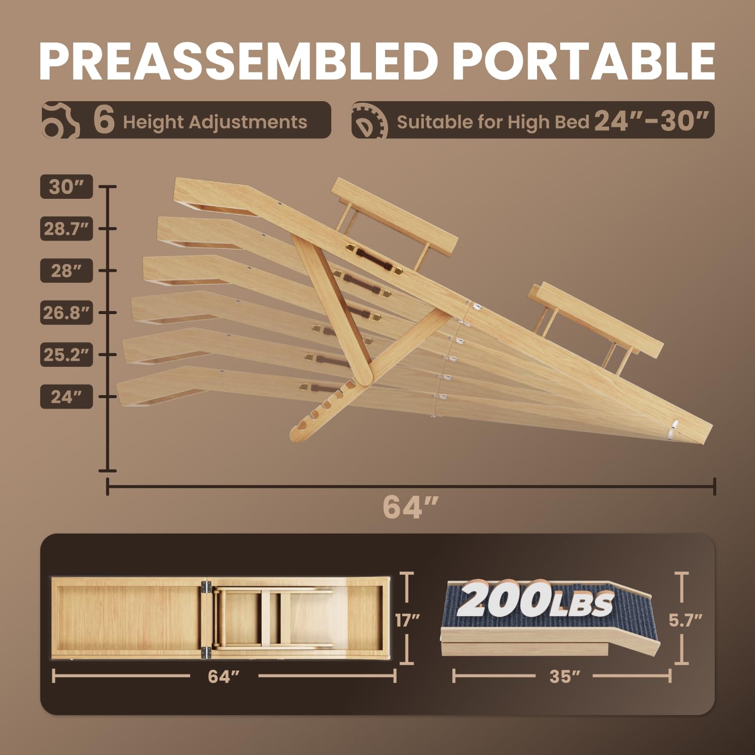 Dog Ramp For Bed,Extra Long 64 Folding Pet Ramp Adjustable Height 24 To 30 Wooden Dog Ramp For Small Large Dogs To Get On