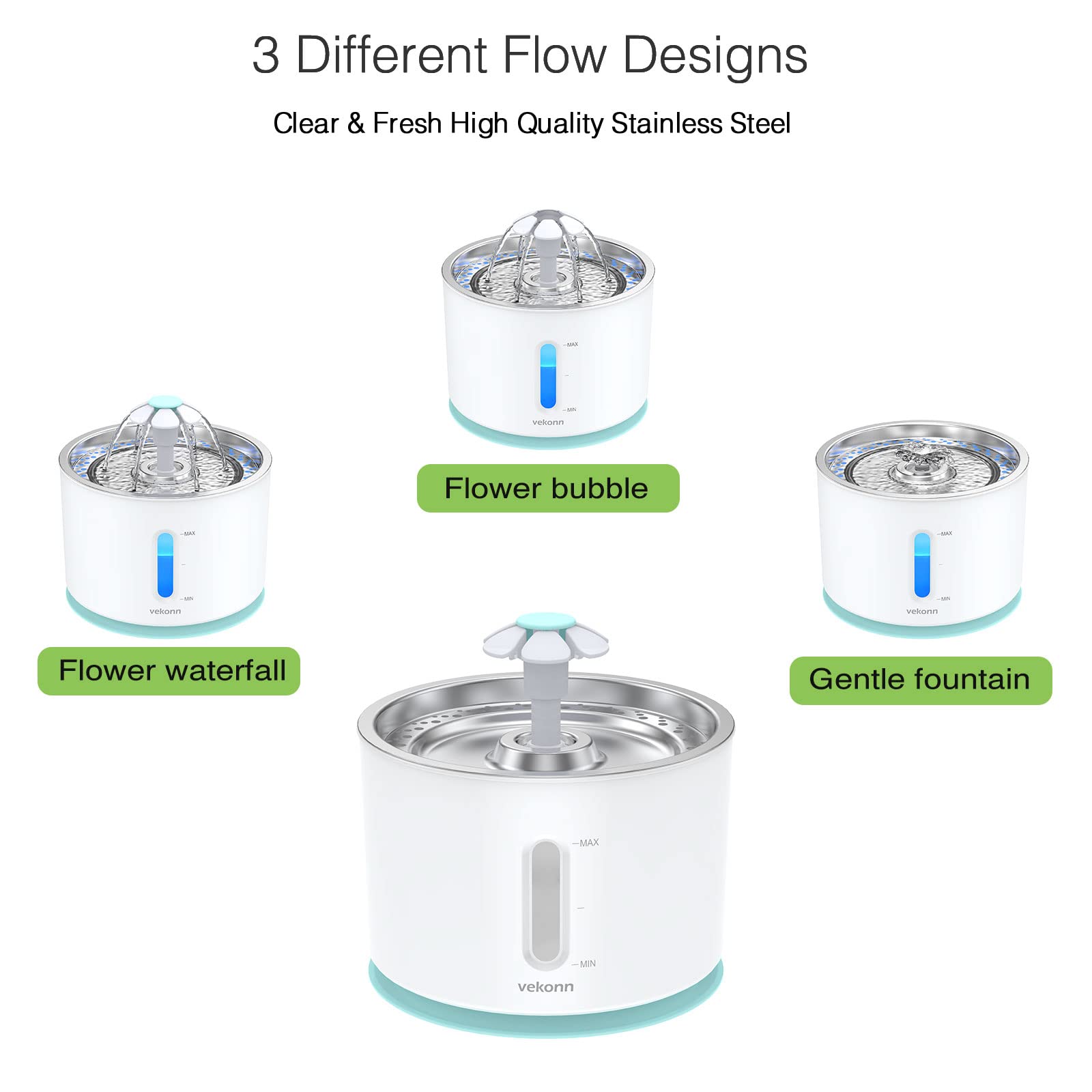 Vekonn Cat Water Fountain Stainless Steel Top With 4 Filters And 4 Sponges, Pet Water Fountain For Small Dog And Cat With Led Li