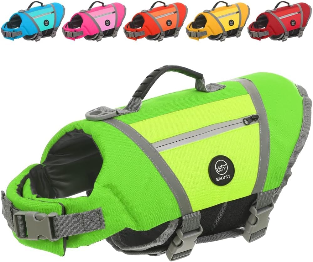 Emust Dog Life Vest, Lightweight Jacket With Pockets, Stylish Preserver With Rescue Handle & Reflective Stripes For Swimming, Bo