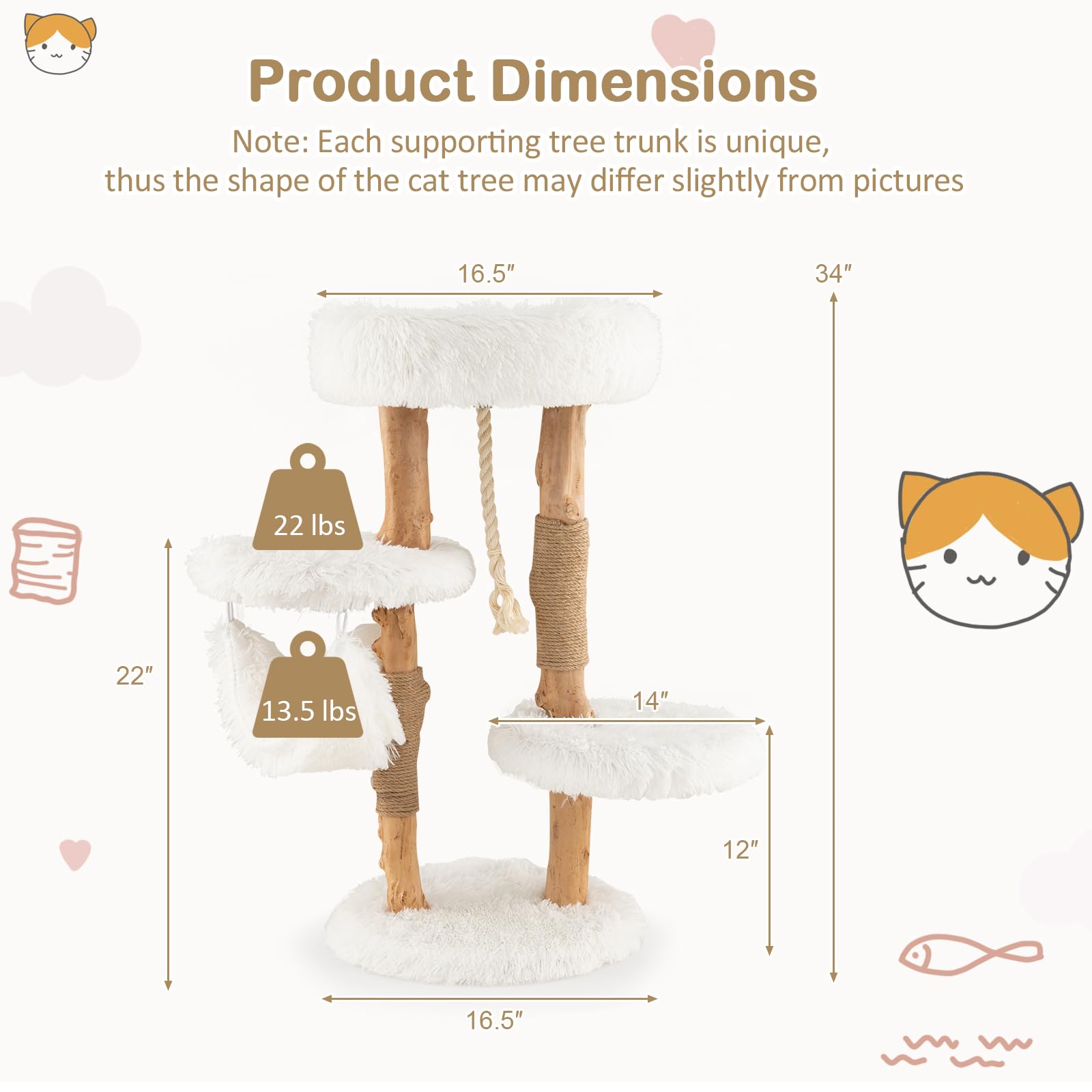 Tangkula Cat Tree Tower, Solid Wood Modern Cat Tower With Cozy Top Perch, 2 Platforms & 1 Hammock, Natural Branch Cute Cat Tree