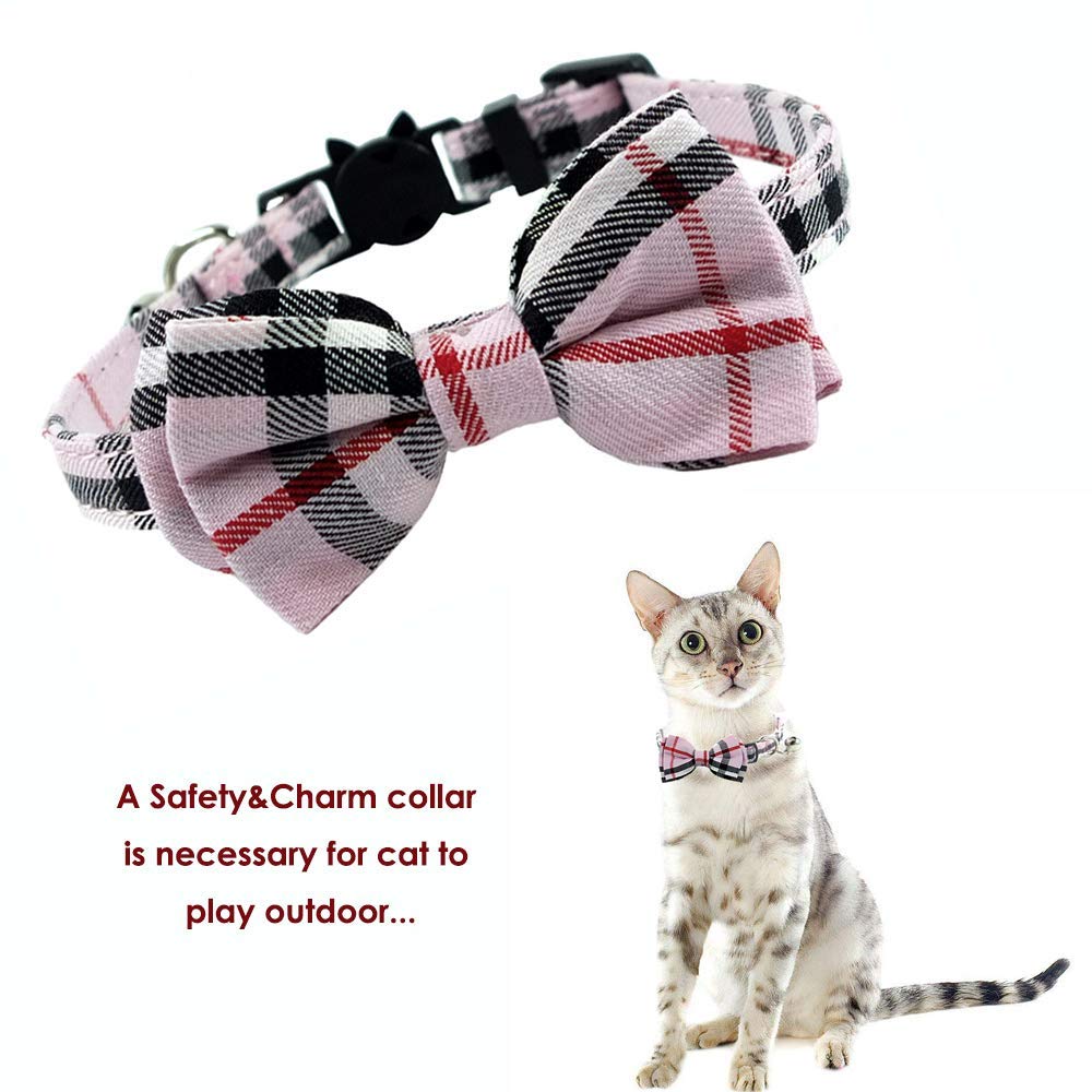 Cat Collar Breakaway with Bell and Bow Tie, Plaid Design Adjustable Safety Kitty Kitten Collars(6.8-10.8in) (Pink Plaid 1)
