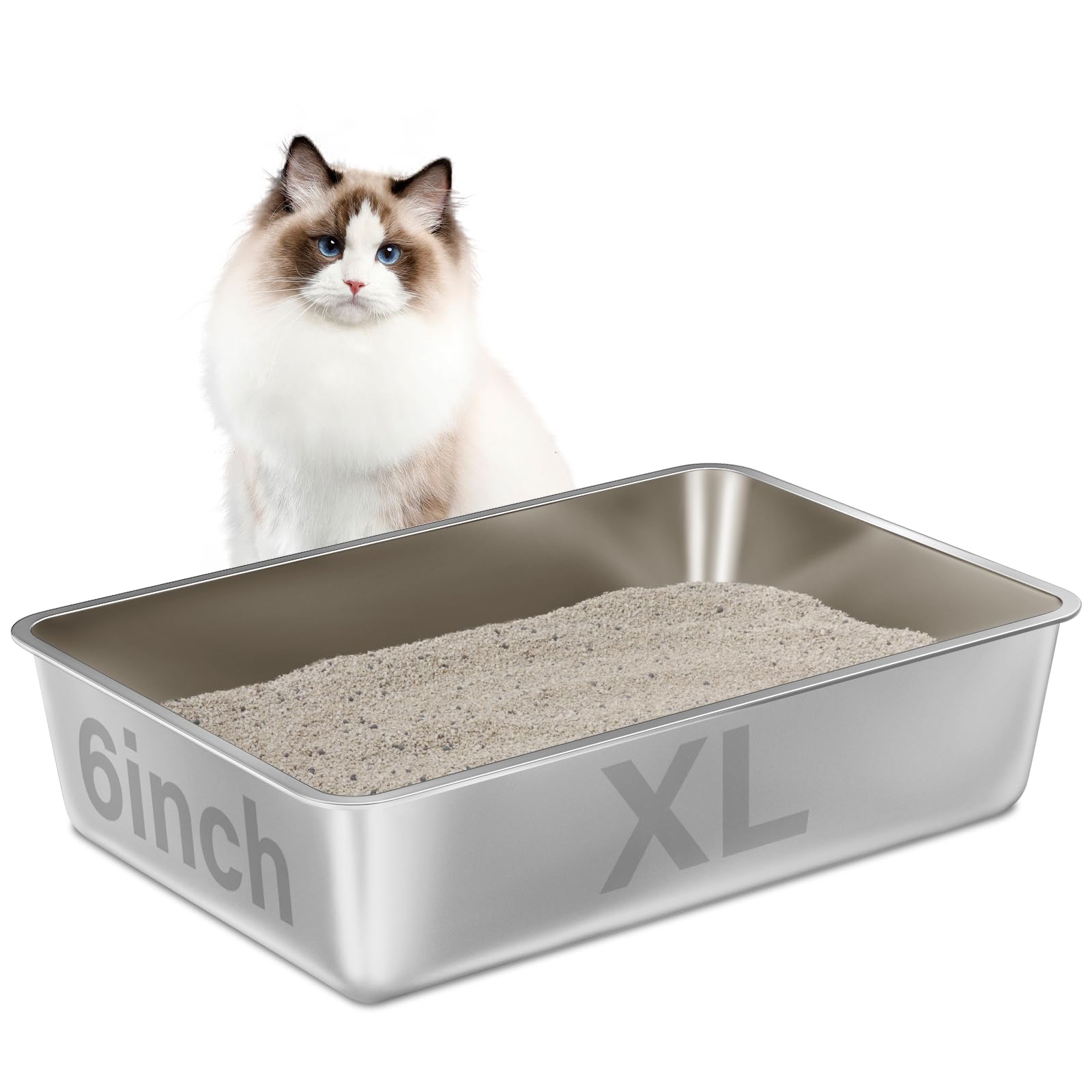Nyutu Stainless Steel Litter Box Xl, 23.6''X15.8''X6'' (Deep) Extra Large Stainless Steel Cat Litterbox High Sides, Non Stick No