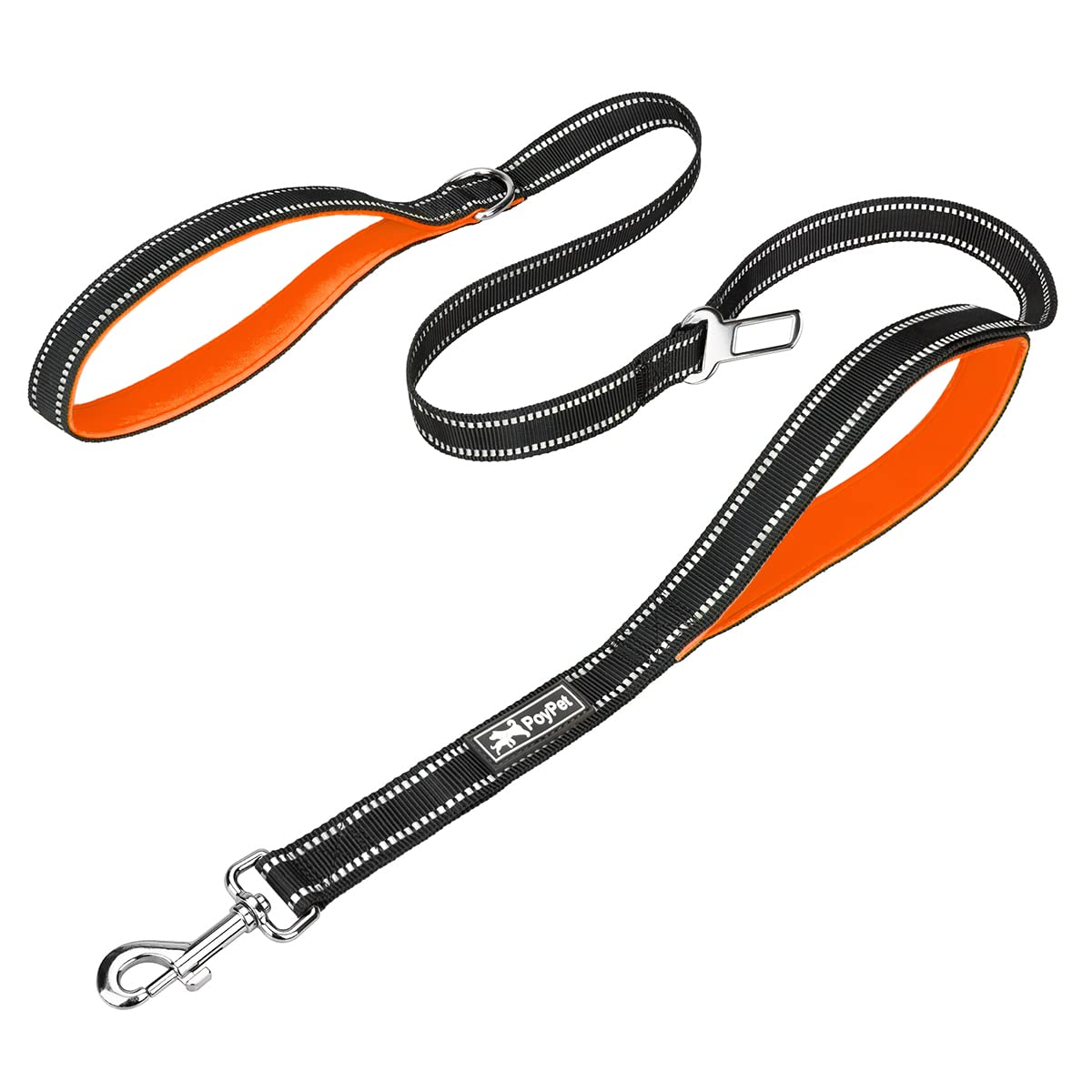 Poypet 5 Feet Heavy Duty Dog Leash - Car Seat Belt - 2 Handles -Padded Traffic Grip For Extra Control(Orange)