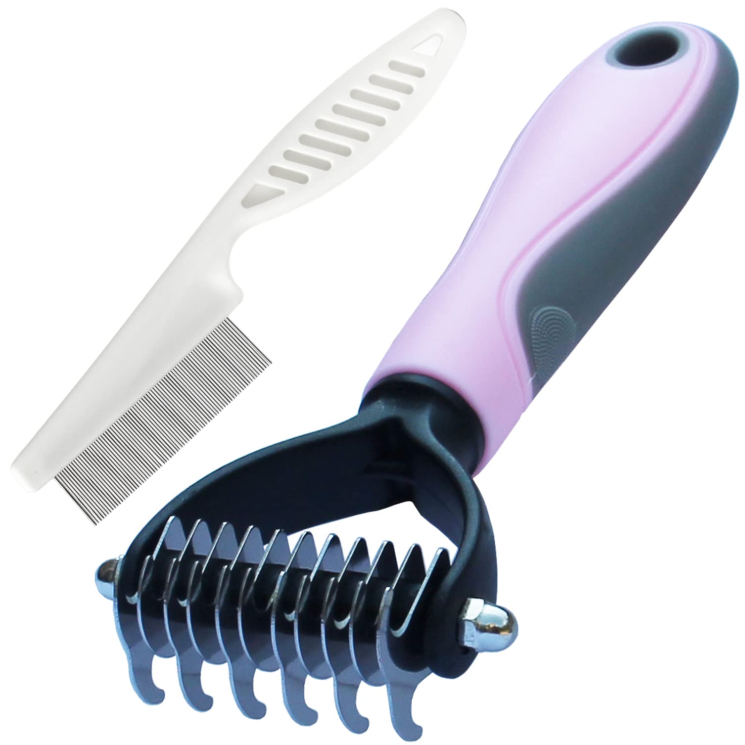 Double-Sided Undercoat Rake Comb And Flea Comb Set For Pet Grooming - Dematting Tool For Dogs And Cats (Pink/11-Tooth)