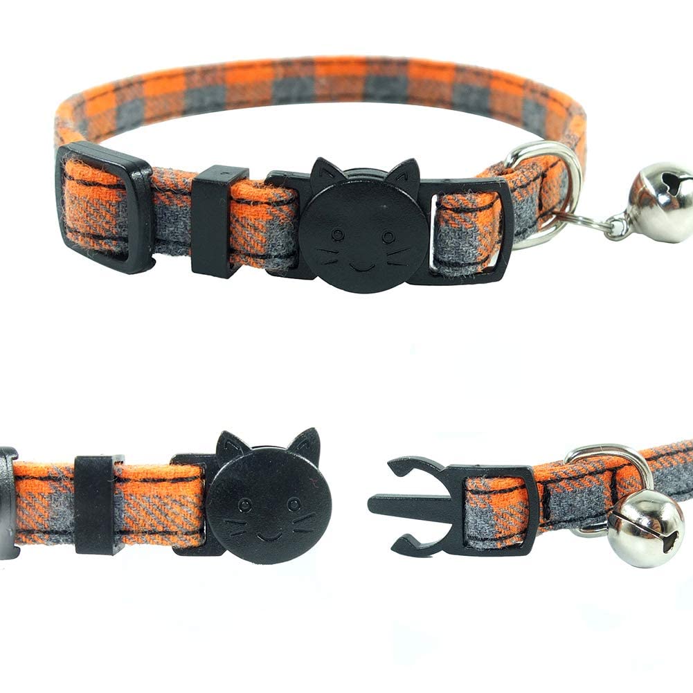 Cat Collar Breakaway With Bell And Bow Tie, Plaid Design Adjustable Safety Kitty Kitten Collars Set Of 2 Pcs (6.8-10.8In) (Green&Orange Plaid)