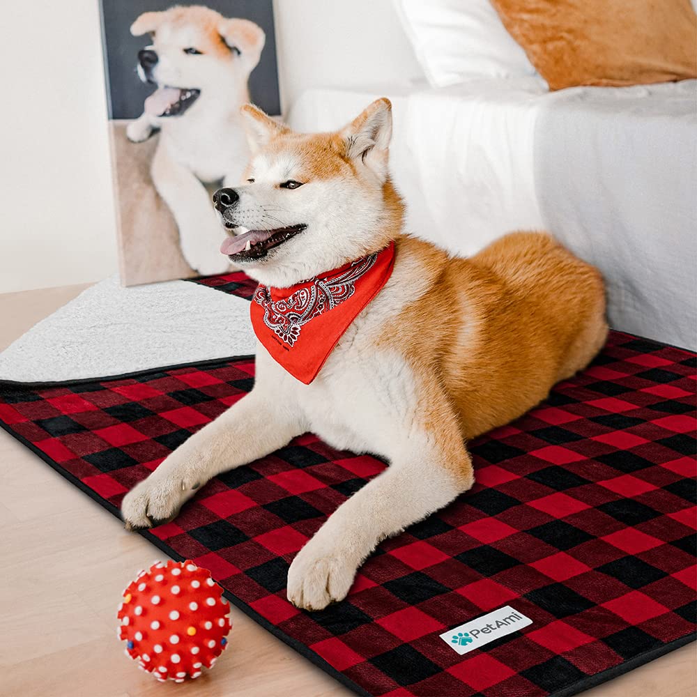 Petami Waterproof Dog Blanket For Large Giant Dogs, Pee Proof Pet Blanket Sherpa Fleece Crate Cover, Reversible Cat Throw Bed Kennel Protector, Soft Plush Washable Pad (Queen 90X90, Checker Red)