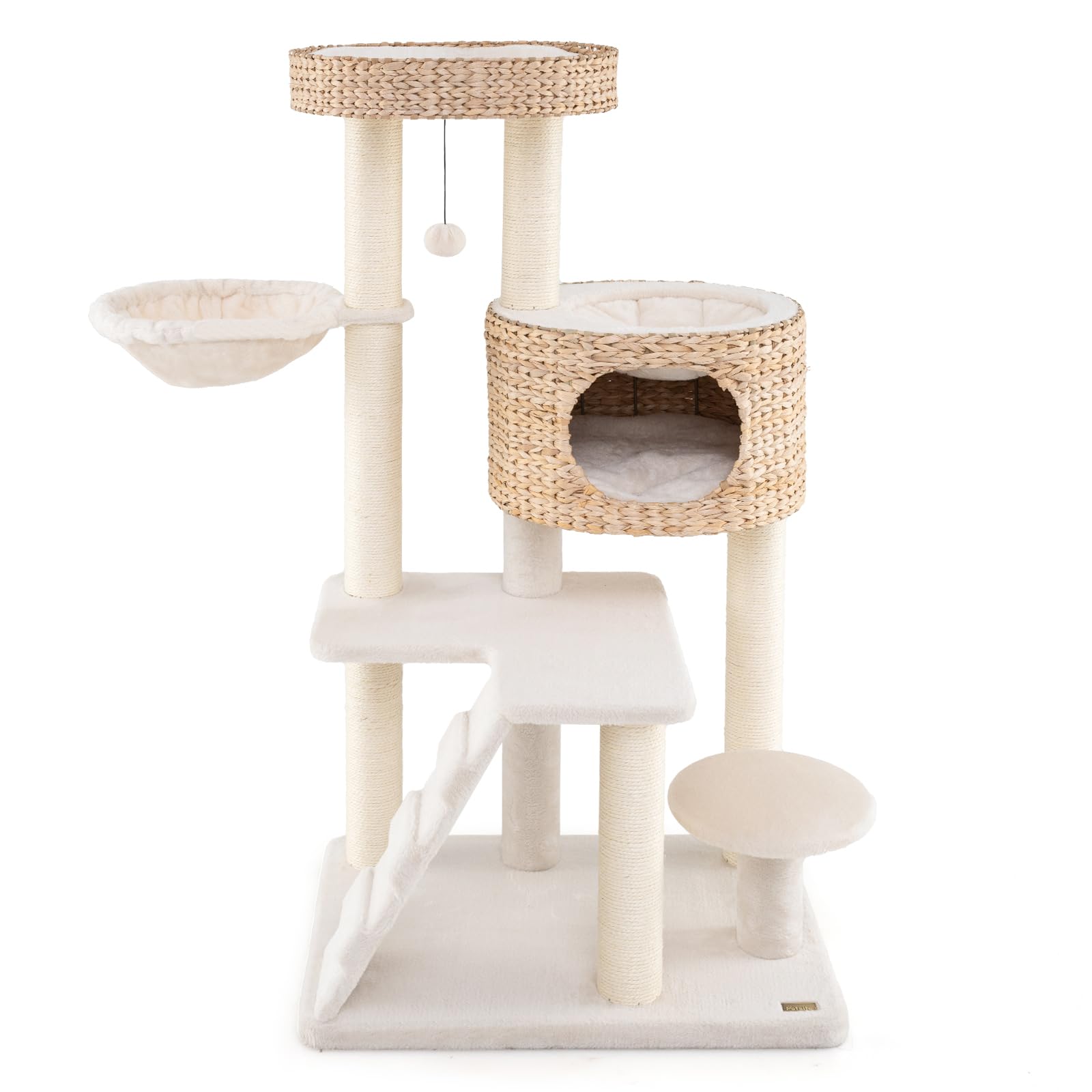 Tangkula Modern Cat Tree, 50 Inch Multi-Level Cat Tower With Cattail Fluff Condo & Top Perch, Hanging Basket, Platforms, Ladder,