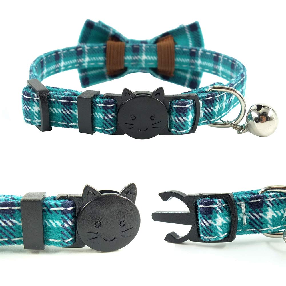 Cat Collar Breakaway with Bell and Bow Tie, Plaid Design Adjustable Safety Kitty Kitten Collars(6.8-10.8in) (Cyan-Blue)