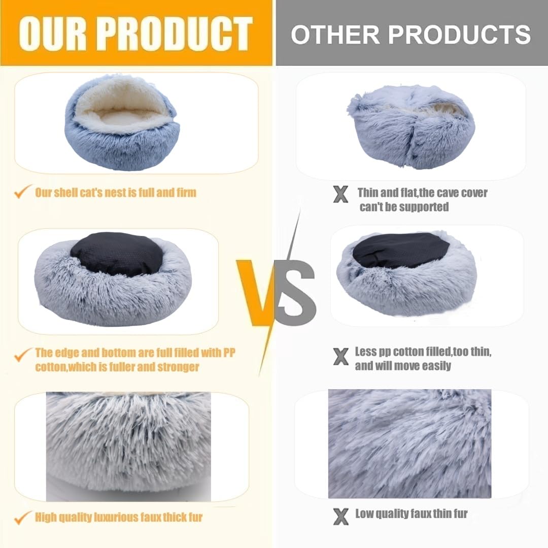 Zanesun Calming Round Dog Beds &Cat Cave Bed With Hooded Cover,Plush Fluffy Dog Bed Anti-Anxiety Cat Cave Bed,Waterproof Bottom