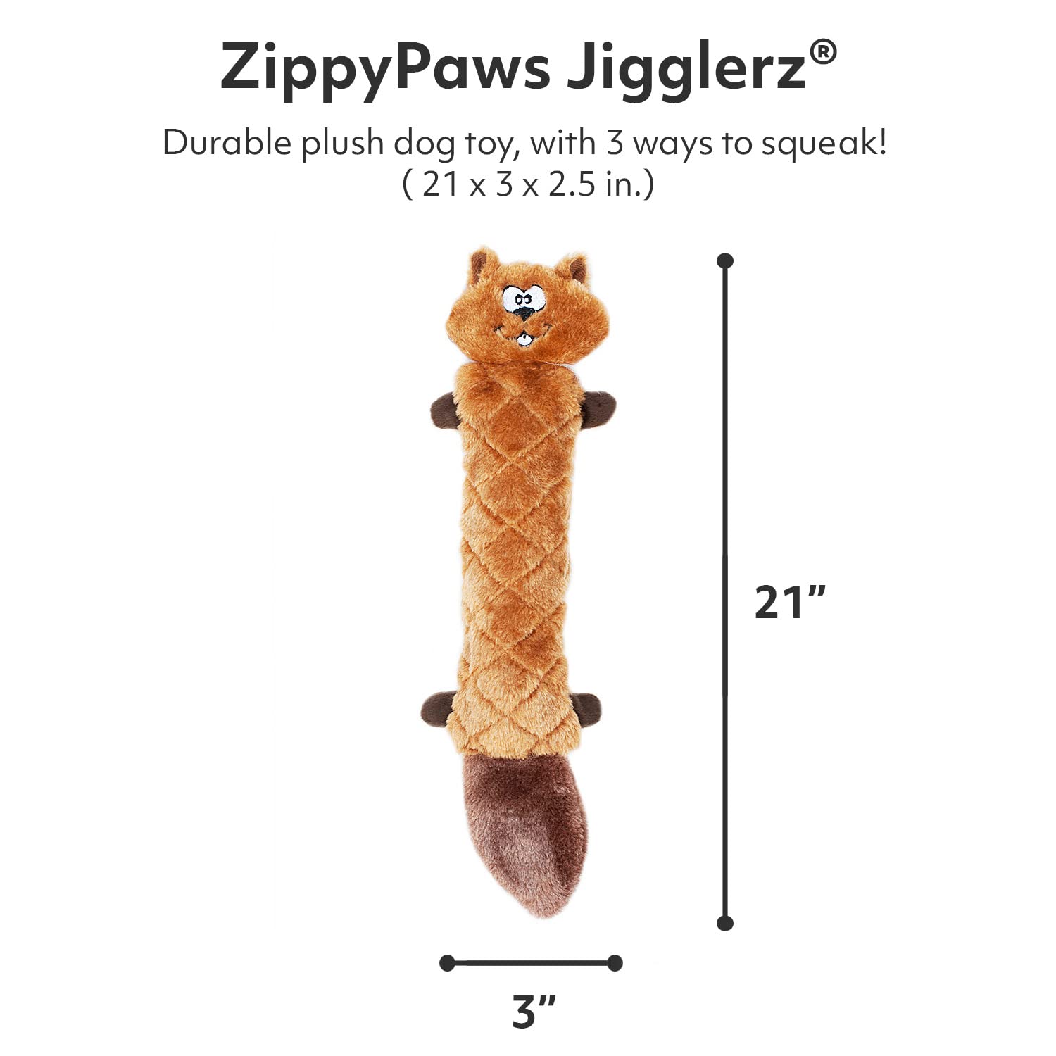 Zippypaws - Jigglerz Tough No Stuffing Squeaky Plush Dog Toy With Crinkle Head And Tail - Chipmunk