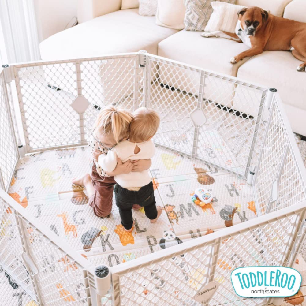 Toddleroo By North States Superyard 6 Panel Baby Play Yard.Playpen/Extra Wide Baby Gate, Wall Mount Kit Included.Made In Usa. 38.5'-201'Wide, 5.5 Ft Corner To Corner Play Yard,Plastic (26' Tall, Gray)