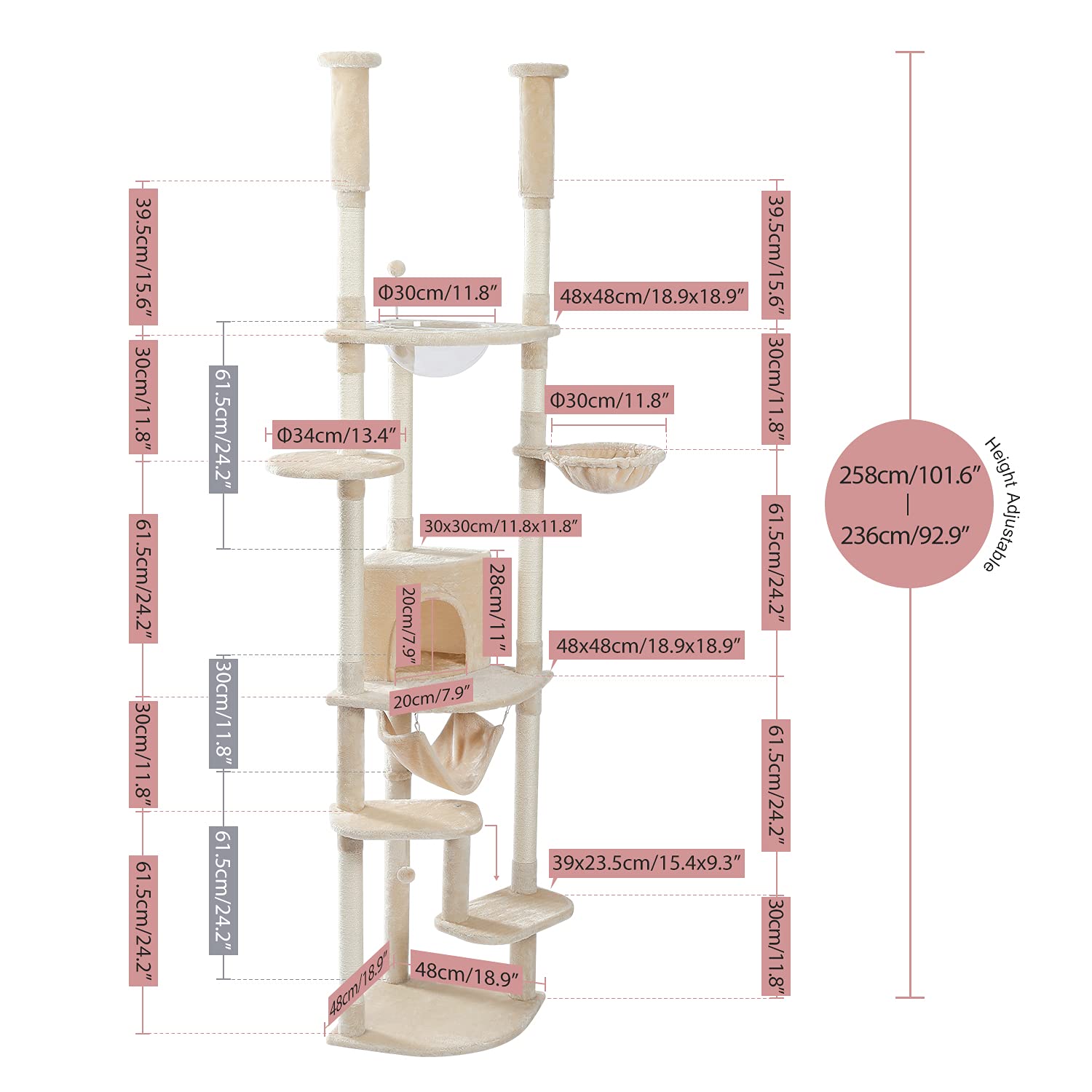 Pequlti Floor To Ceiling Cat Tree 92.9-101.6 Height Adjustable Cat Tower Tall Kitty Climbing Play House With Scratching Posts, C