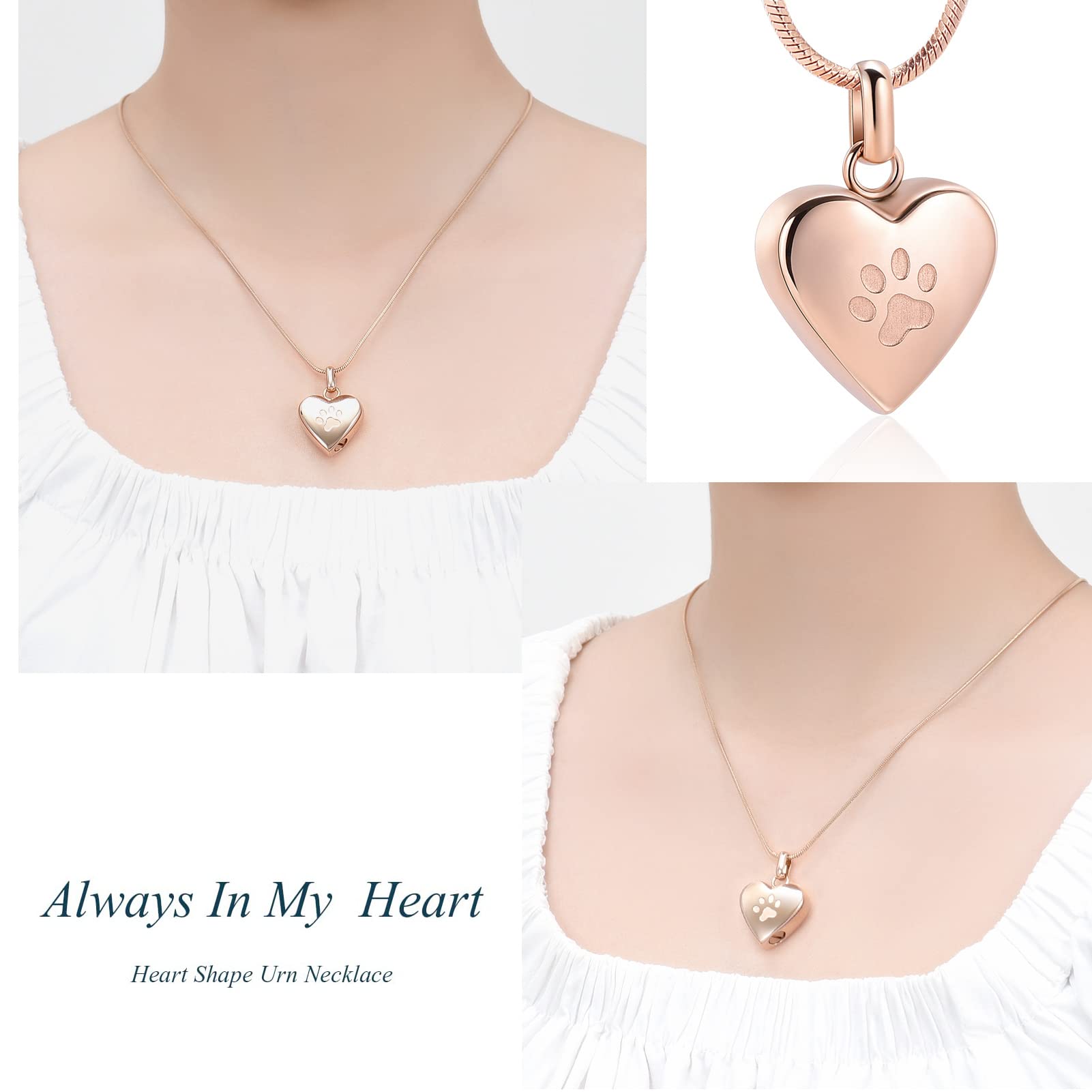 Zeqingjw Pet Cremation Jewelry For Ashes Pendant Paw Print Pet Heart Urn Necklace Memorial Keepsake Jewelry For Pet/Dog'S/Cat'S Ashes (Rose Gold)