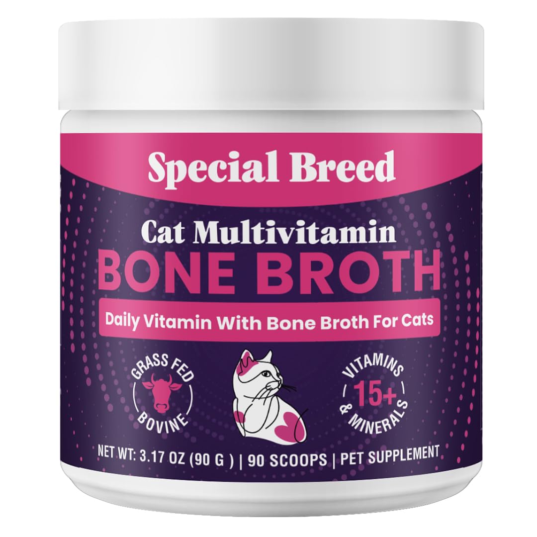 Cat Multivitamin with Grass-Fed Beef Bone Broth - Daily Supplement for Immune, Joint, Skin, Coat & Gut Health - Omega 3s, Lysine