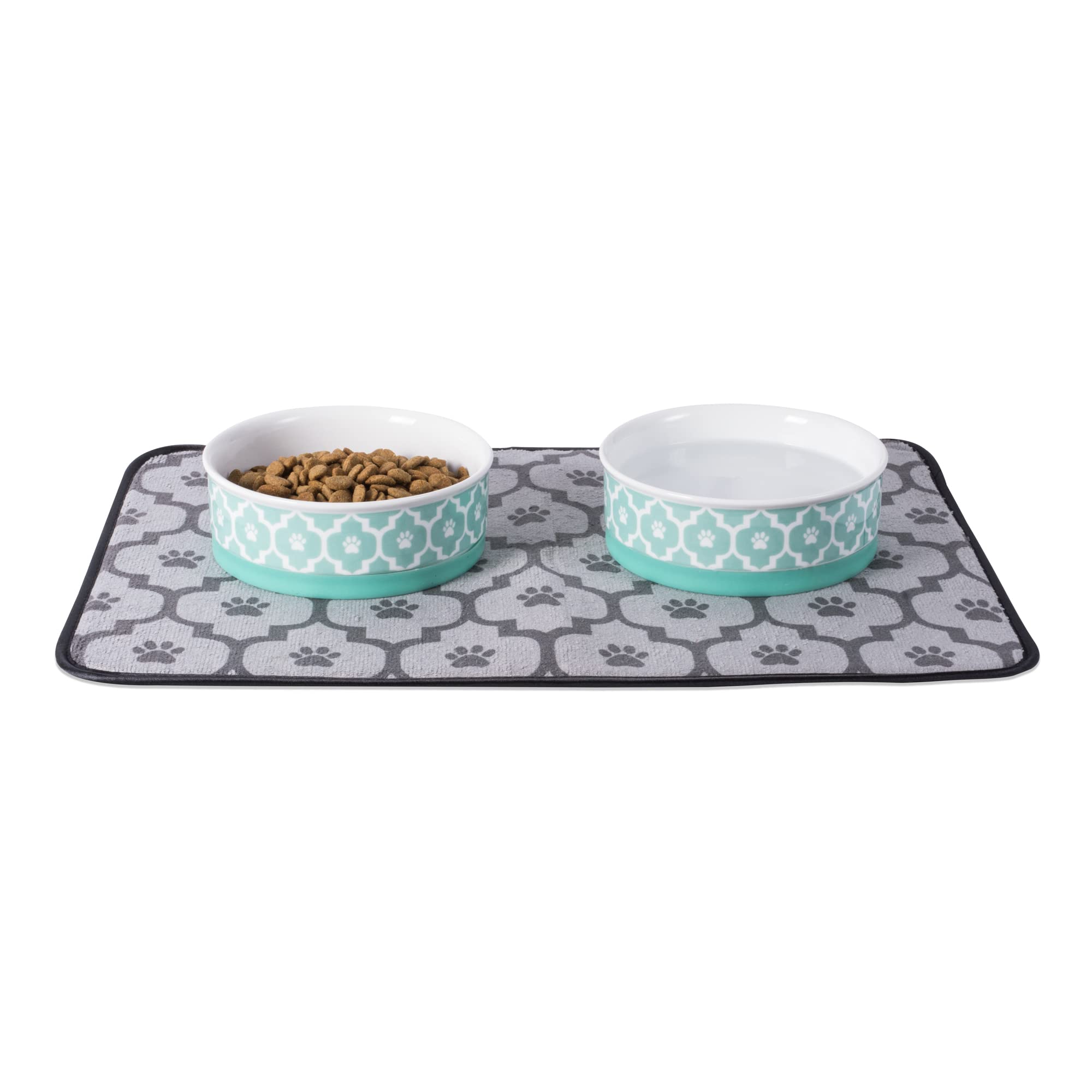 Bone Dry Paw Print Ceramic Pet Bowl, Lattice Collection, Large Set, 7.5x2.4, Aqua, 2 Count