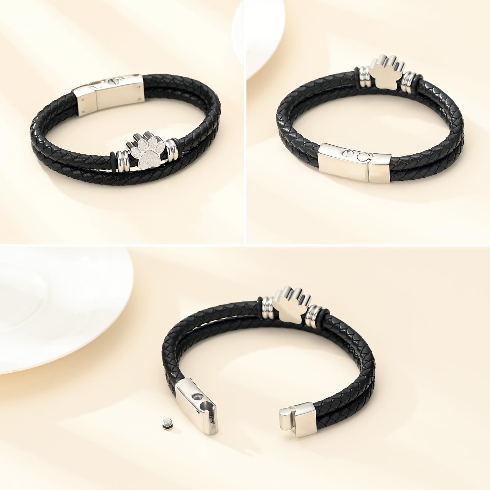Zeqingjw Pet Cremation Jewelry Paw Print Urn Bracelet For Ashes For Women Men Leather Memorial Dog Cat Ashes Keepsake Bangle Jew