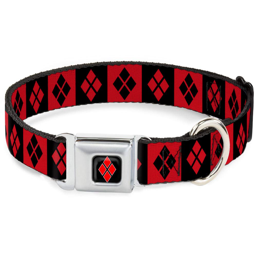 Buckle-Down Seatbelt Buckle Dog Collar - Harley Quinn Diamond Blocks Red/Black Black/Red - 1' Wide - Fits 15-26' Neck - Large